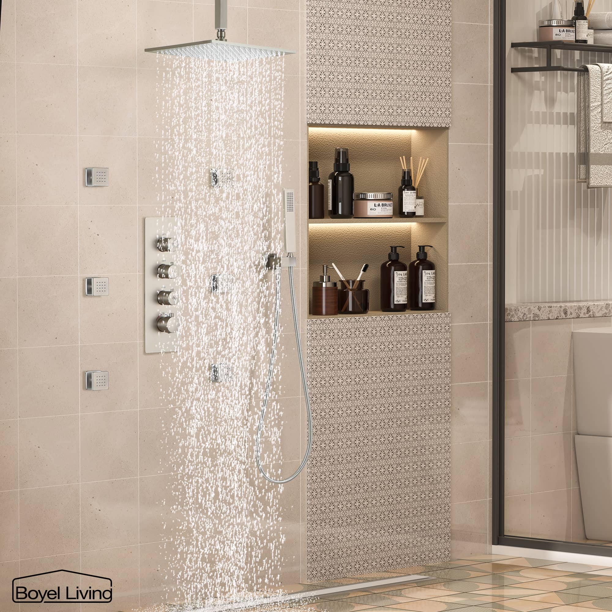 Boyel Living Luxury 6 Jets Thermostatic Shower System Combo Set with Ceiling Rainfall Shower Head and Handshower-Boyel Living