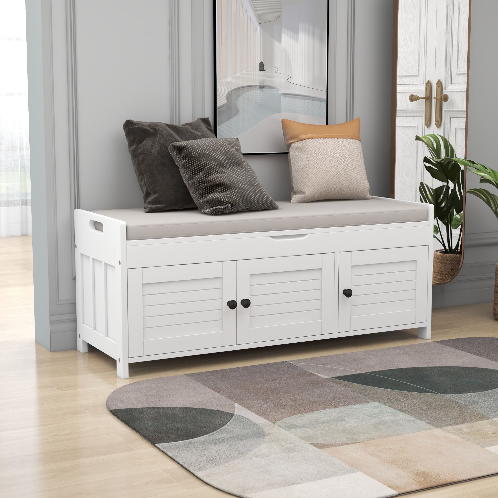 Storage Bench with 3 Shutter-shaped Doors,  Shoe Bench with Removable Cushion and Hidden Storage Space (White)-Boyel Living