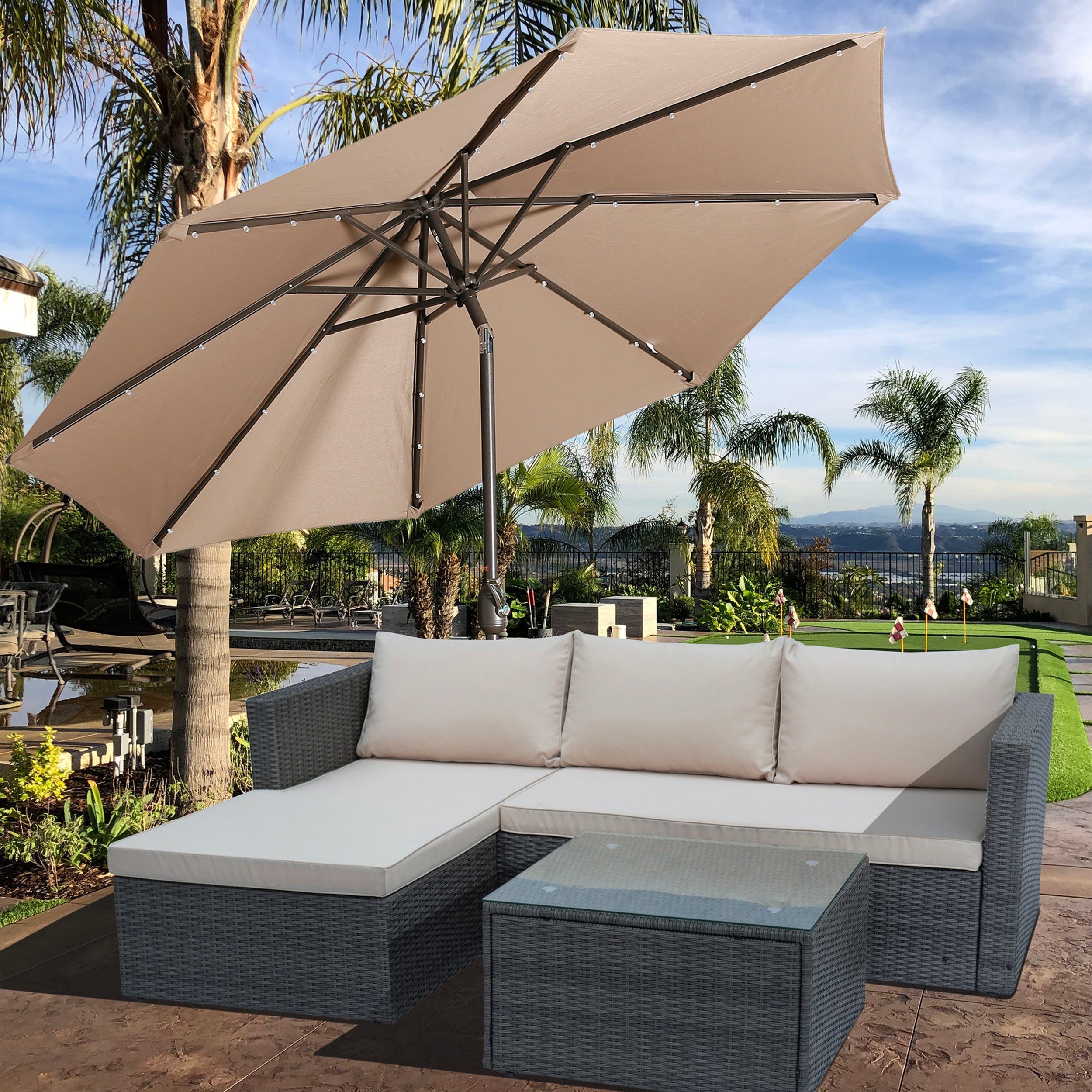 9ft Patio Umbrella Outdoor Market 32 LED Solar Umbrella with Tilt and Crank-Boyel Living