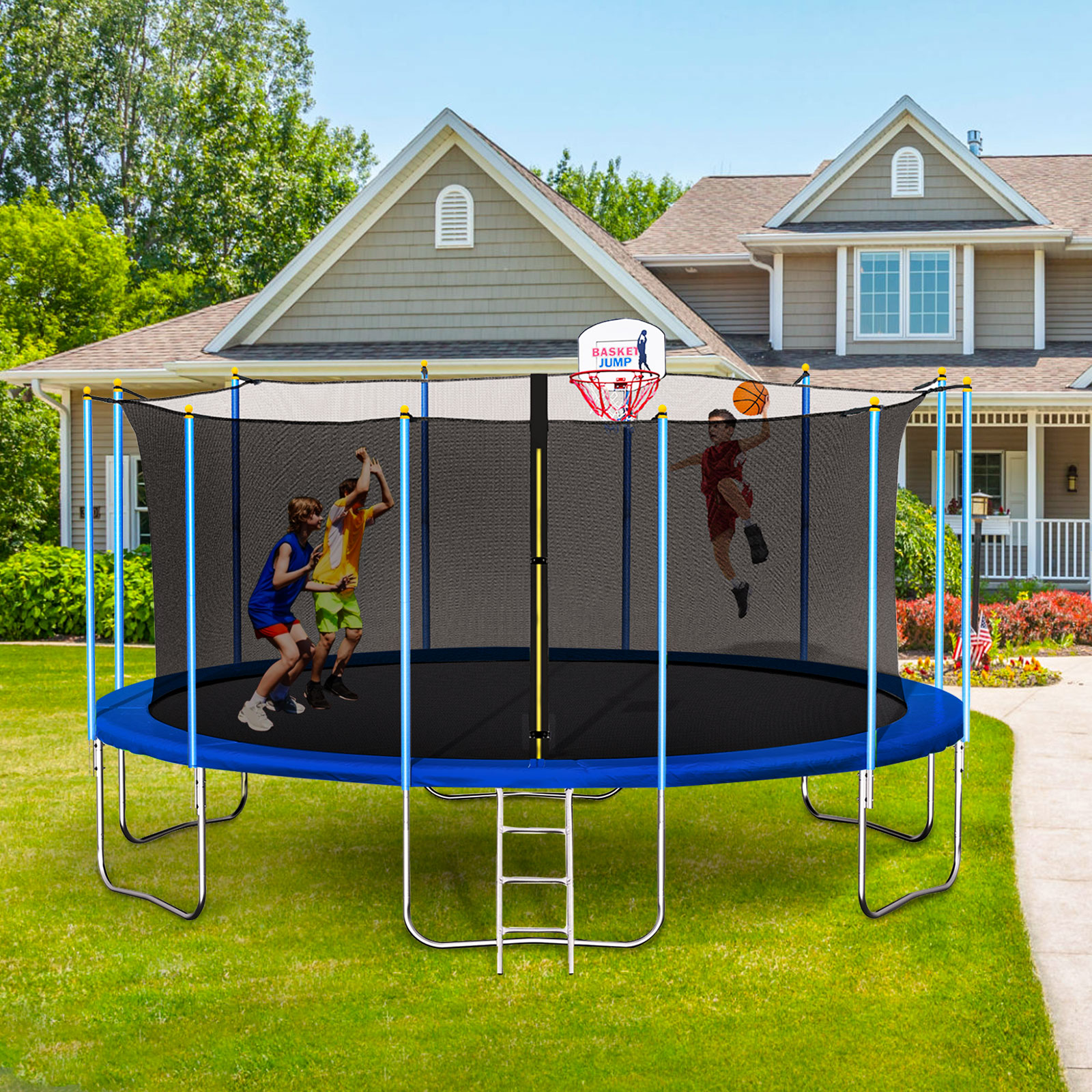 16FT Trampoline for Kids with Safety Enclosure Net, Ladder and 12 Safety Poles, Spring Cover Padding, Basketball Hoop-Boyel Living