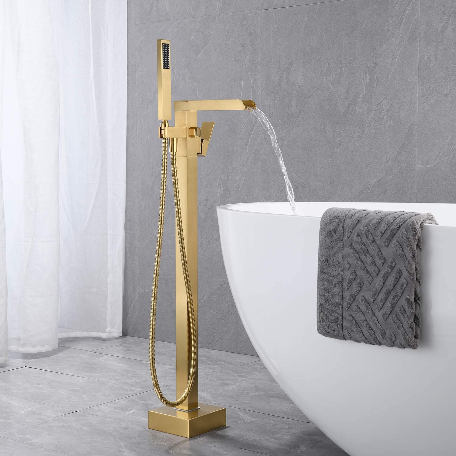 Boyel Living 2.4 GPM Floor Mount Freestanding Waterfall Tub Faucet with Handheld Shower, Brushed Nickel/Matte Black/Brushed Gold-Boyel Living