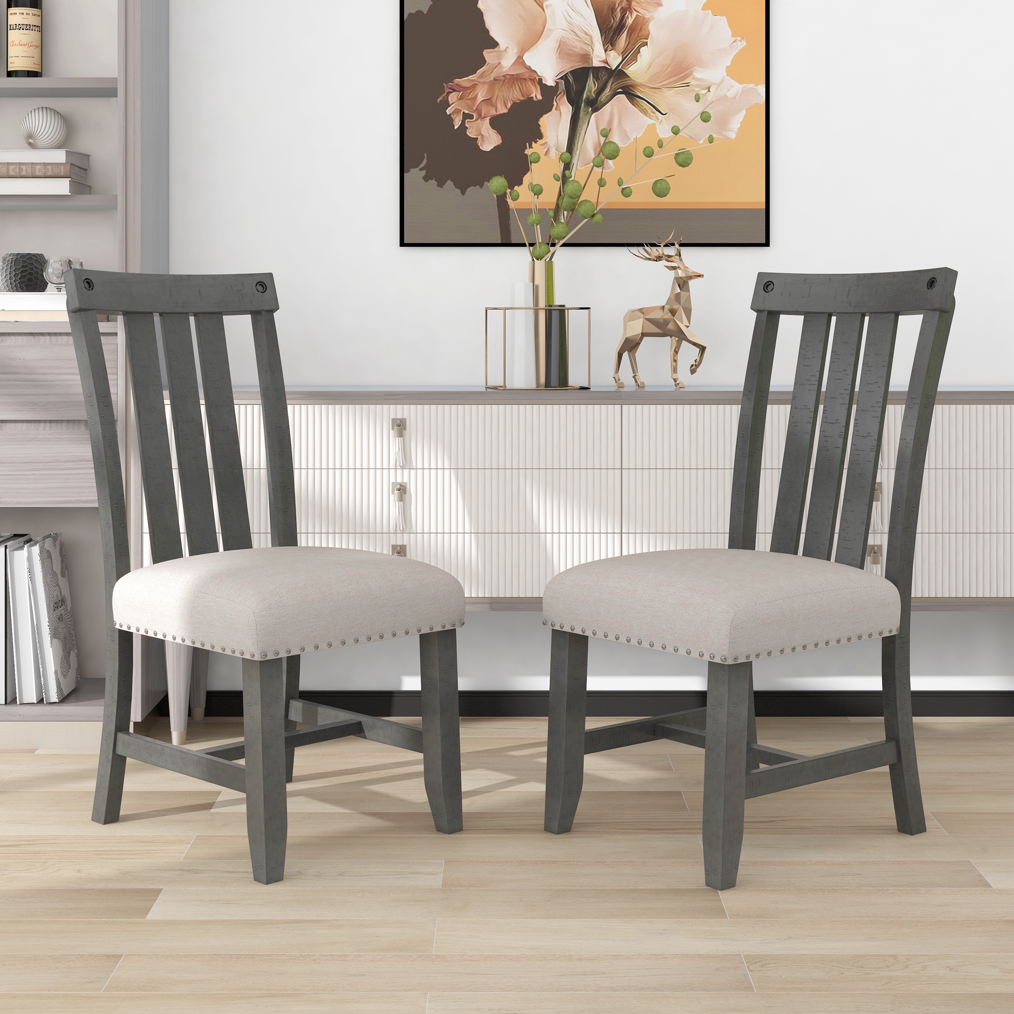 TREXM Set of 2 Fabric Upholstered Dining Chairs with Sliver Nails and Solid Wood Legs (Gray)