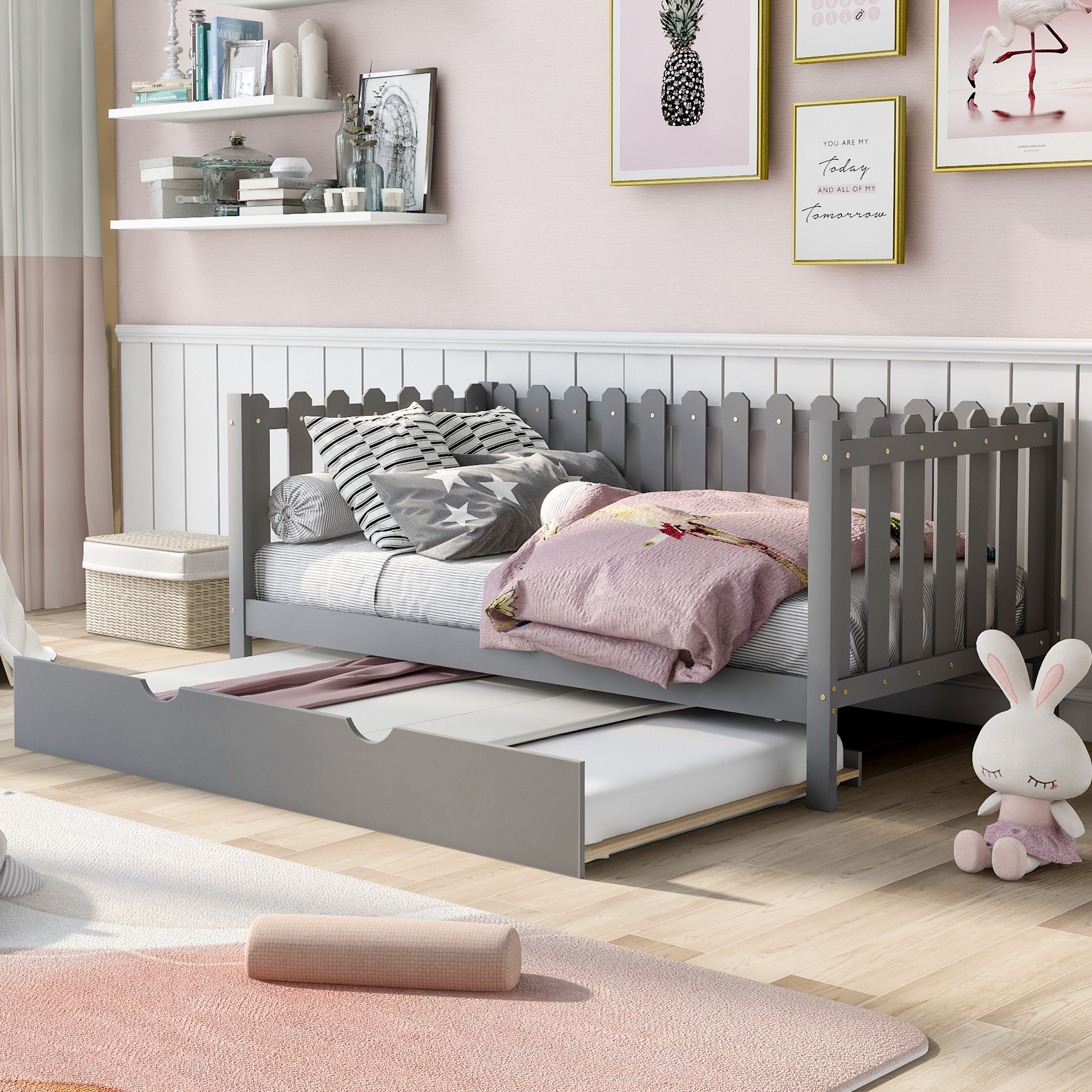 Rustic Style Twin Size Daybed with Trundle, Gray-Boyel Living
