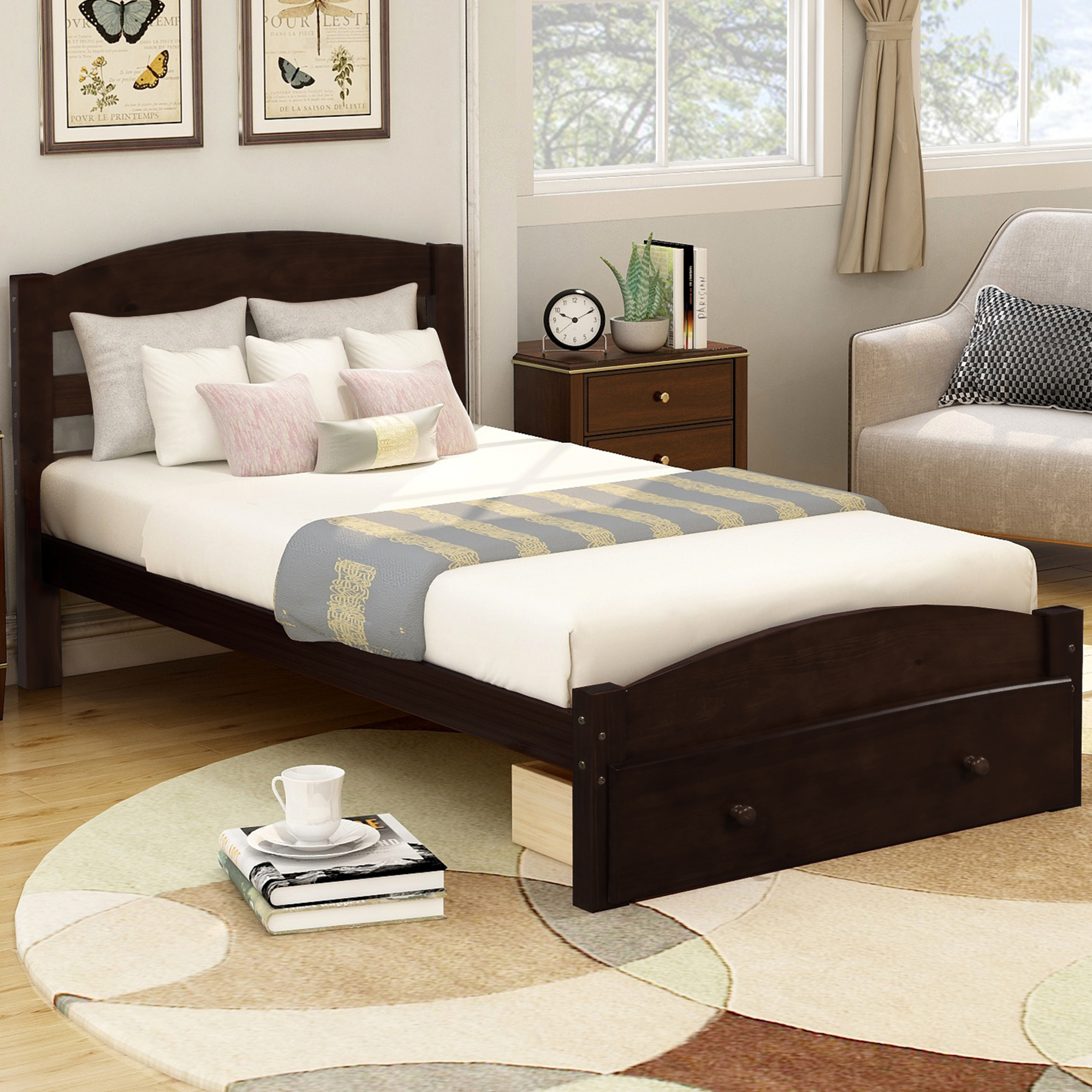 Platform Twin Bed Frame with Storage Drawer and Wood Slat Support No Box Spring Needed, Espresso-Boyel Living