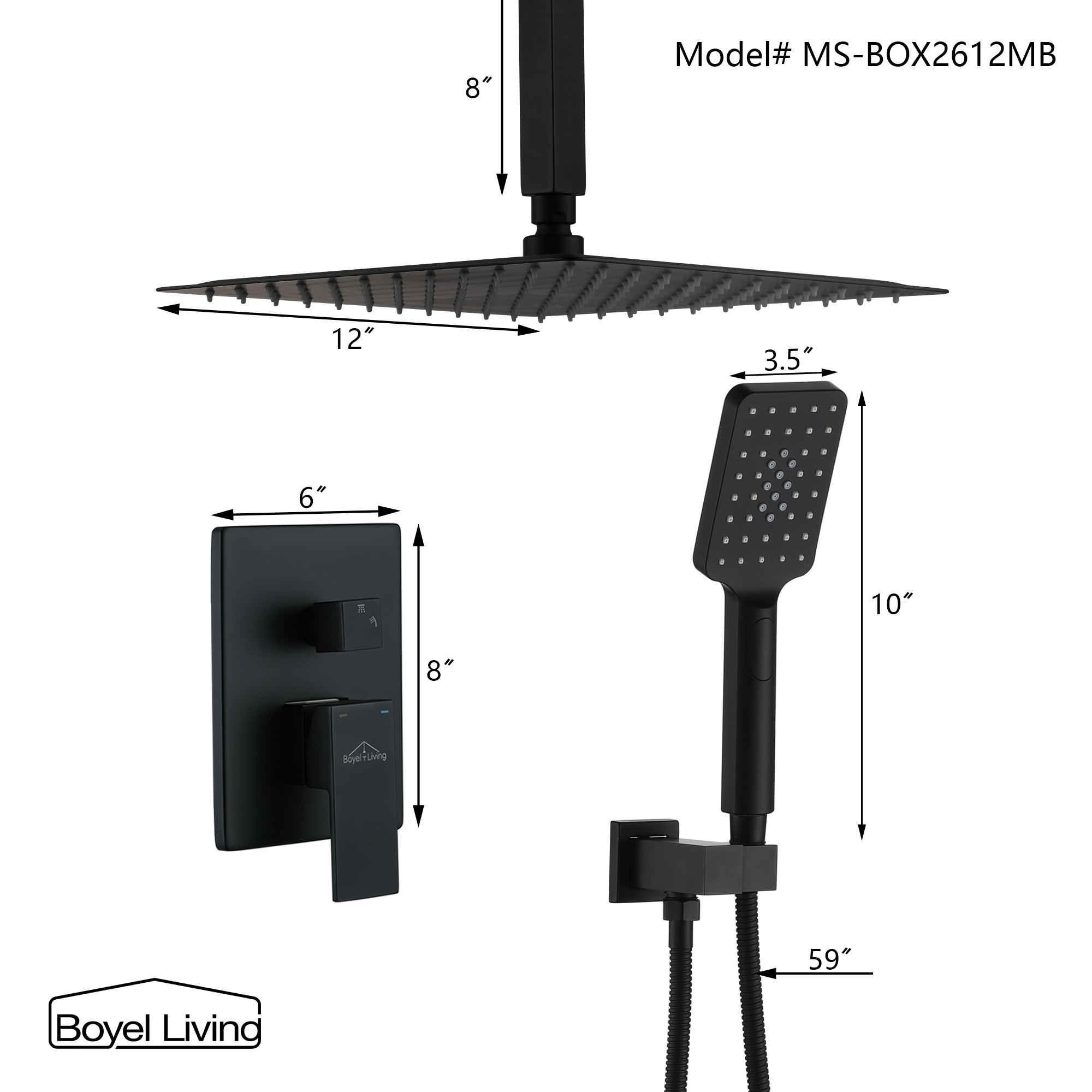 Boyel Living 12 in. Ceiling Mount Dual Shower Heads Shower System with Handheld Dimensions-Boyel Living