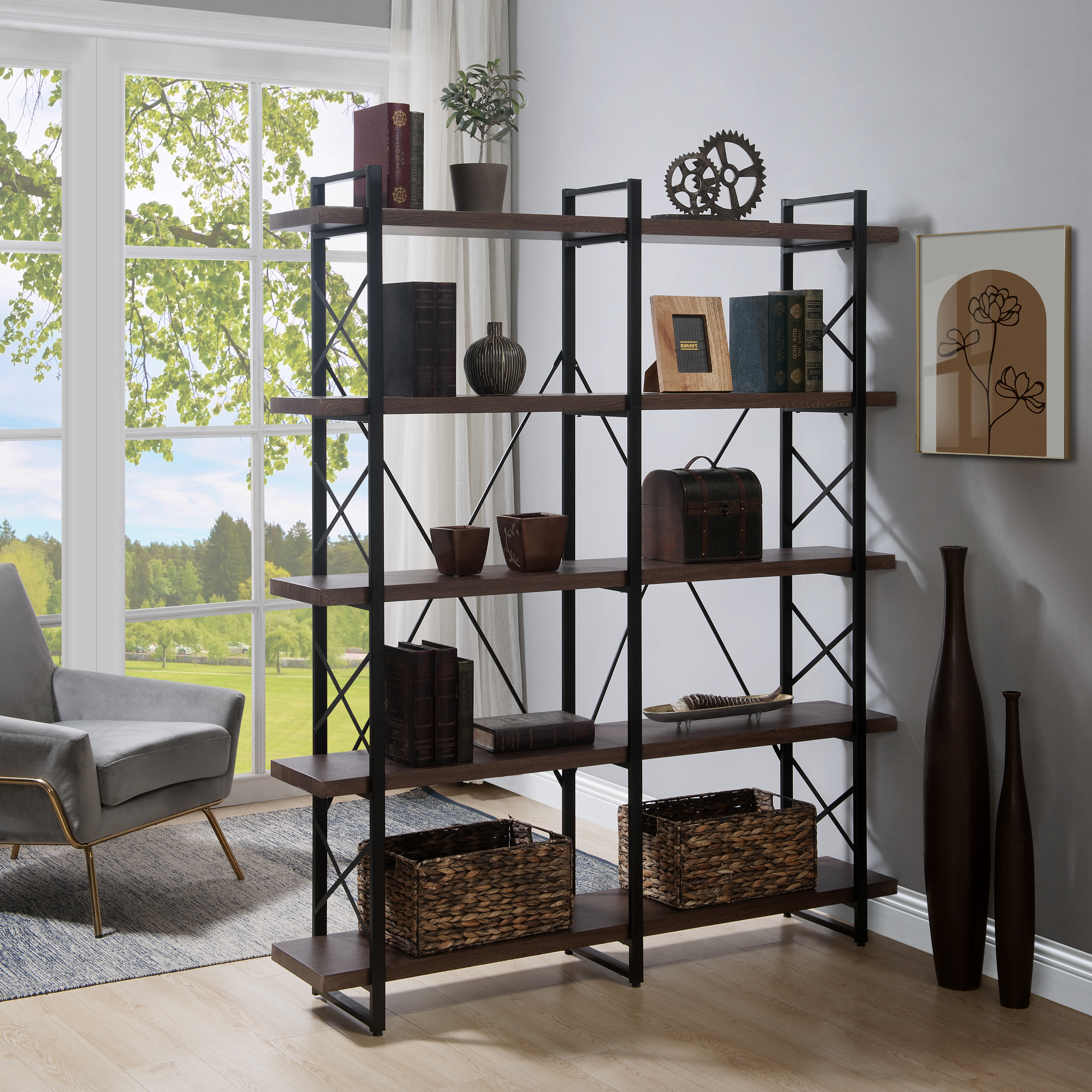 [VIDEO] Home Office 5 Tier Bookshelf, X Design Etageres Storage Shelf, Industrial Bookcase for Office with Metal Frame-Boyel Living
