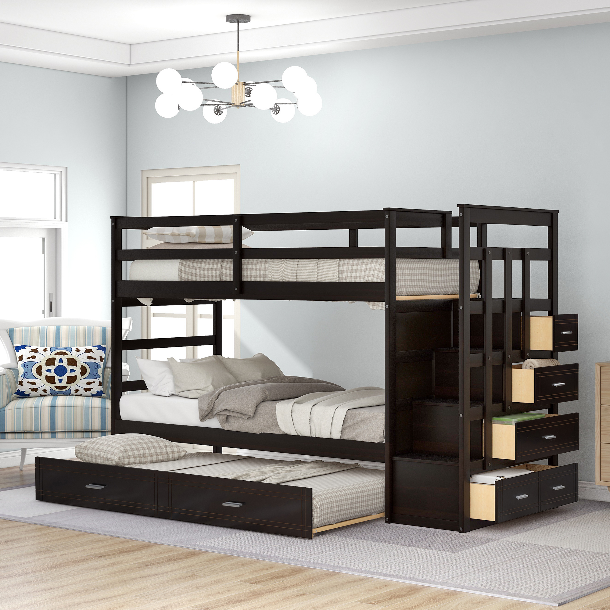 Solid Wood Bunk Bed, Twin Over Twin Bunk Bed with Trundle and Staircase, Espresso (Old SKU: LP000068AAP )-Boyel Living