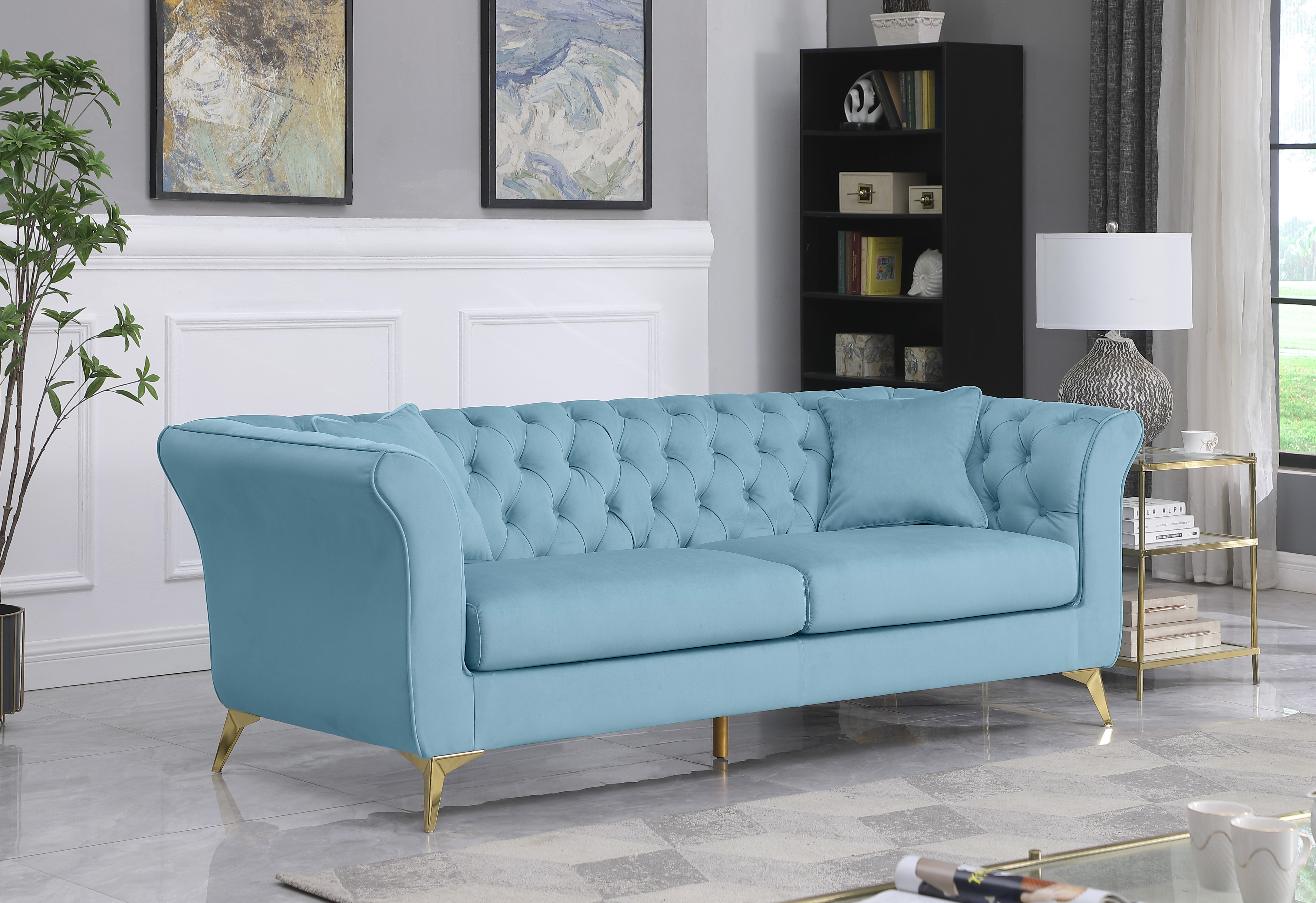 1856 Chesterfield sofa with scroll arm and scroll back, Tufted sofa couch, modern chesterfield sofa, gold color leg chesterfield sofa. Y-metal gold color legs-Boyel Living