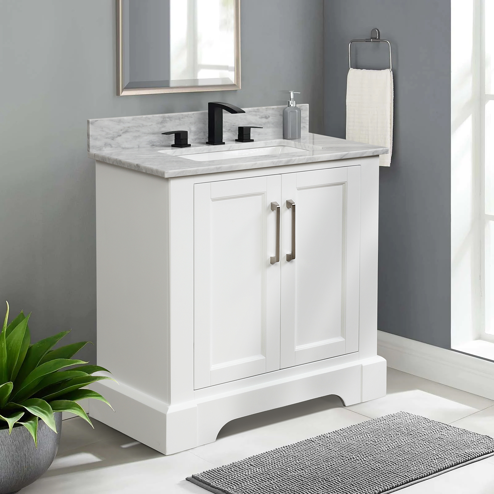 Solid Wood Bathroom Vanity Set with Drawers, Carrara White Marble Top and 3 Faucet Hole-Boyel Living