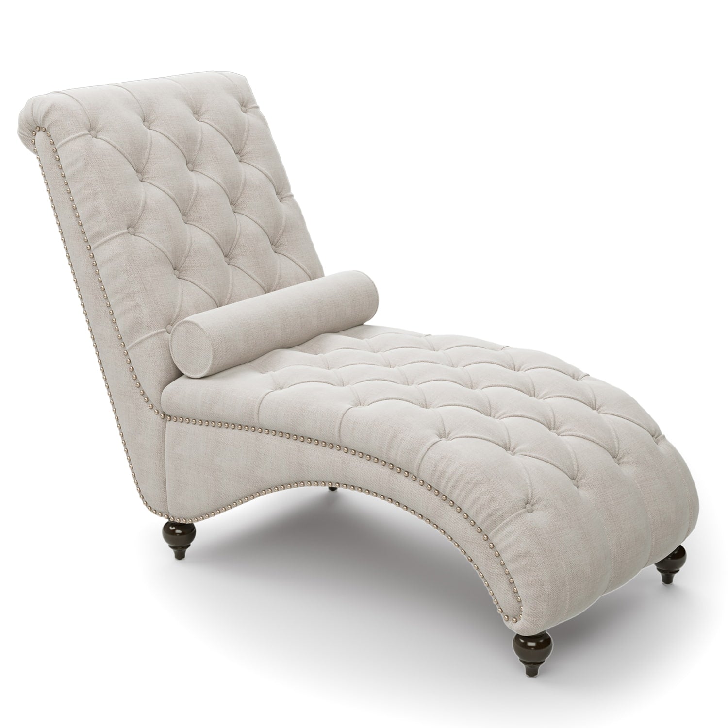 Light Beige Linen Fabric Lounge Button Tufted Leisure Sofa Gourd Wood Leg Studio Chaise With 1 Bolster Pillow-Boyel Living
