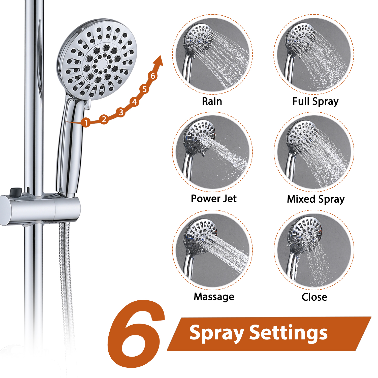 Handheld Shower Head with 6 Spray Settings