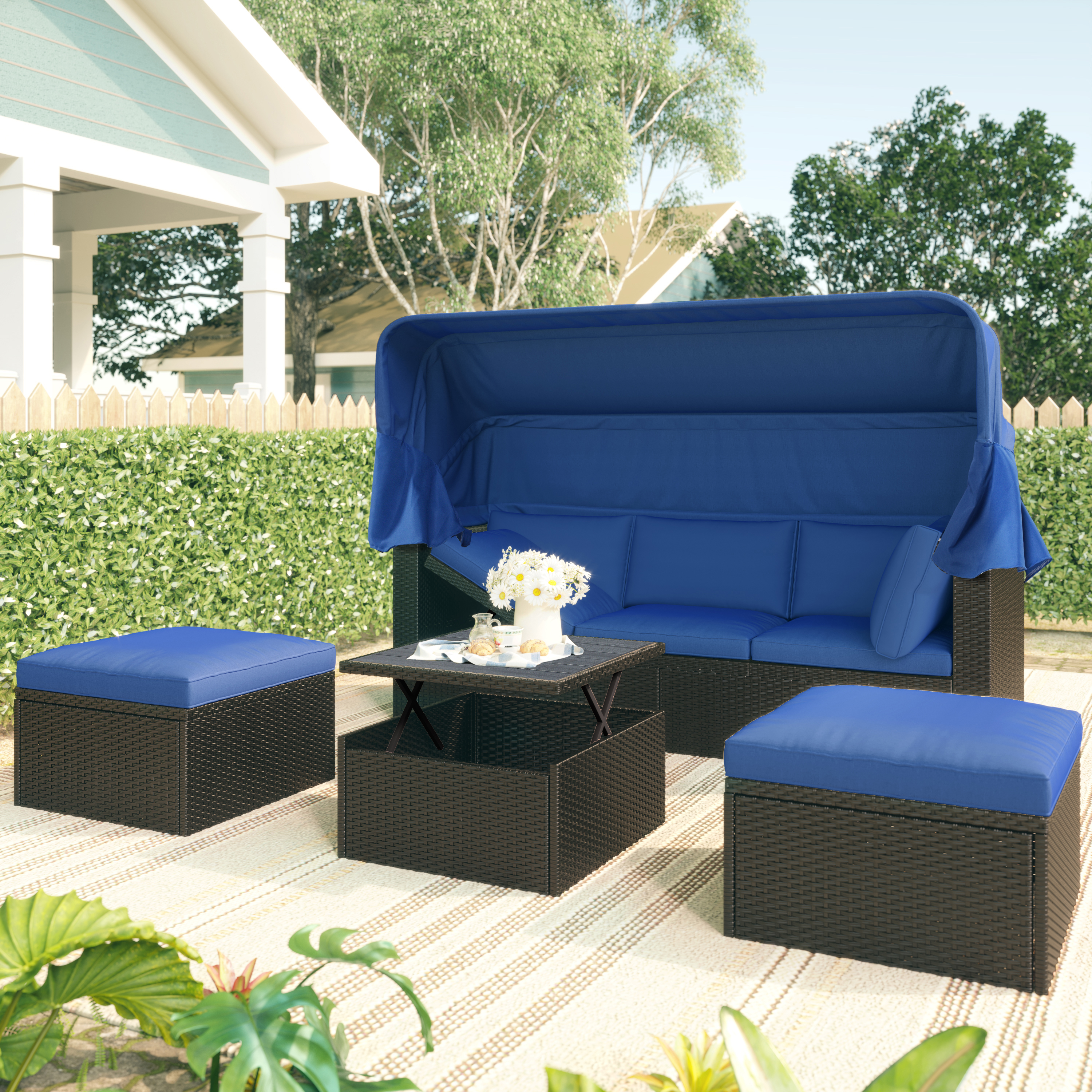 Outdoor Patio Rectangle Daybed with Retractable Canopy,  Wicker Furniture Sectional Seating with Washable Cushions, Backyard, Porch-Boyel Living