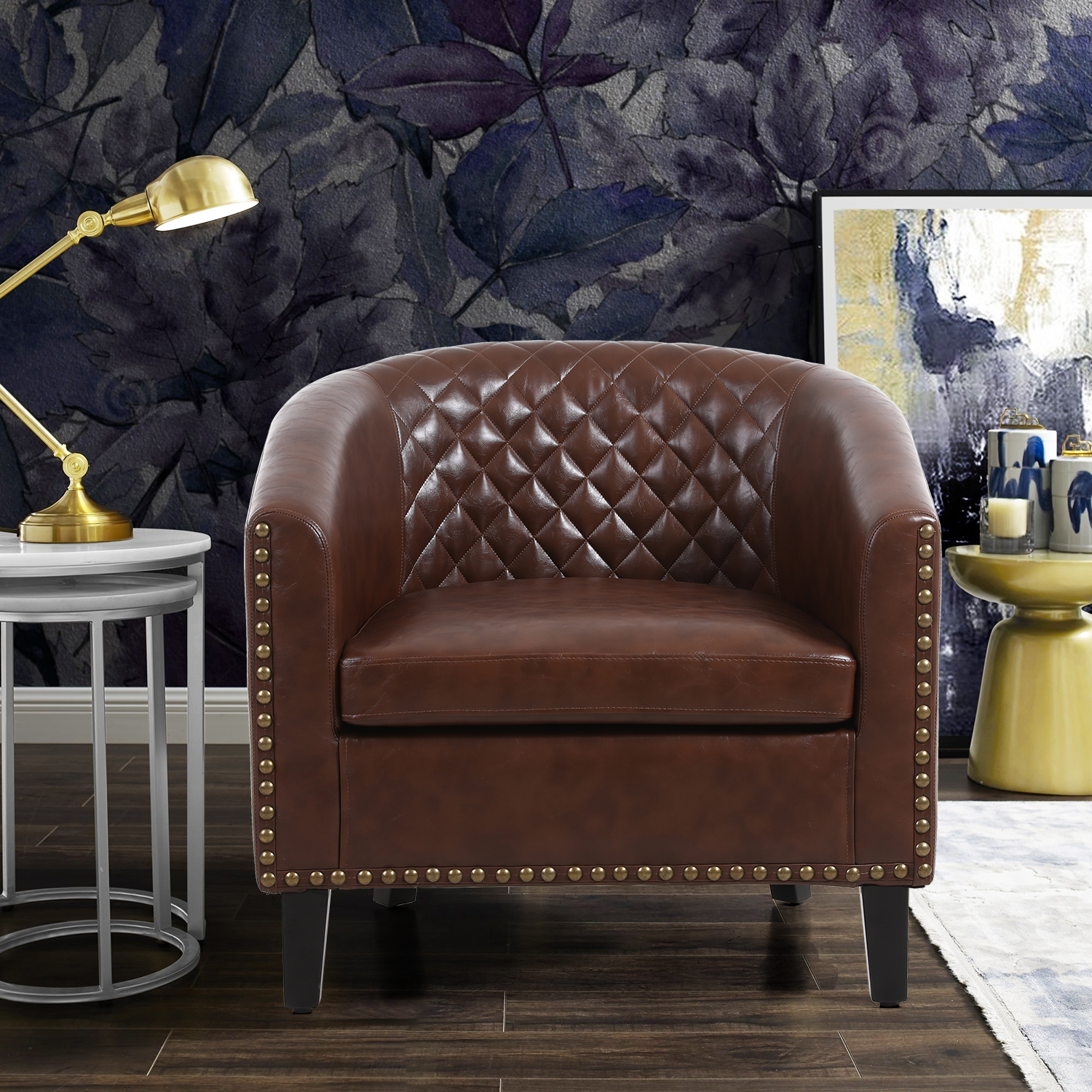 COOLMORE accent Barrel chair living room chair with nailheads and solid wood legs  Brown pu leather-Boyel Living