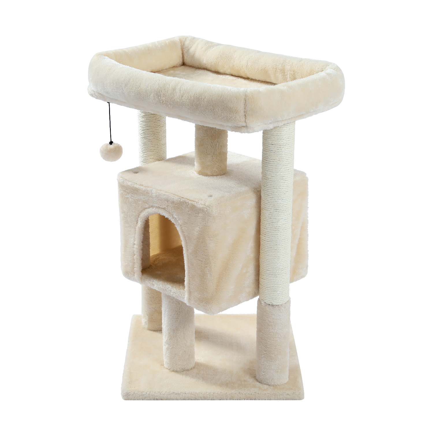 28.4 Inches Small Cat Tree for Indoor Cats Polyester Plush Cat Tower with Beige Condos, Spacious Perch,Scratching Sisal Posts Plush-covered posts and Replaceable Dangling Balls  Beige-Boyel Living