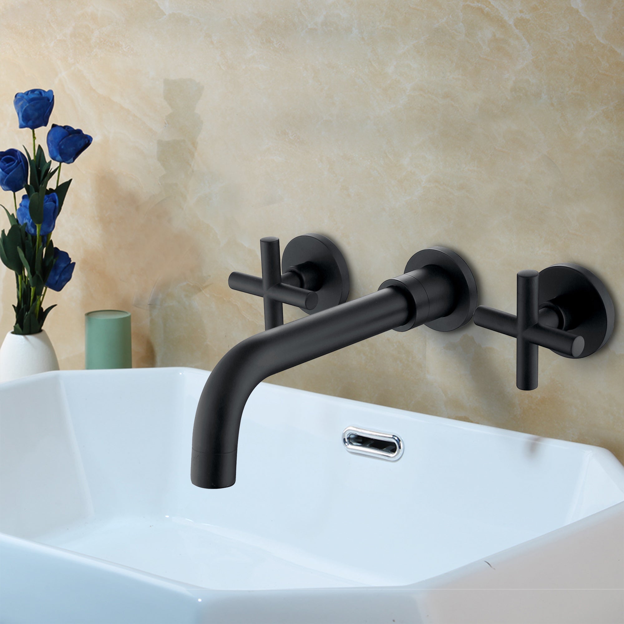 Boyel Living Double Handle Wall Mounted Bathroom Kitchen Faucet Basin Mixer Taps in Matte Black with Rough-in Valve-Boyel Living