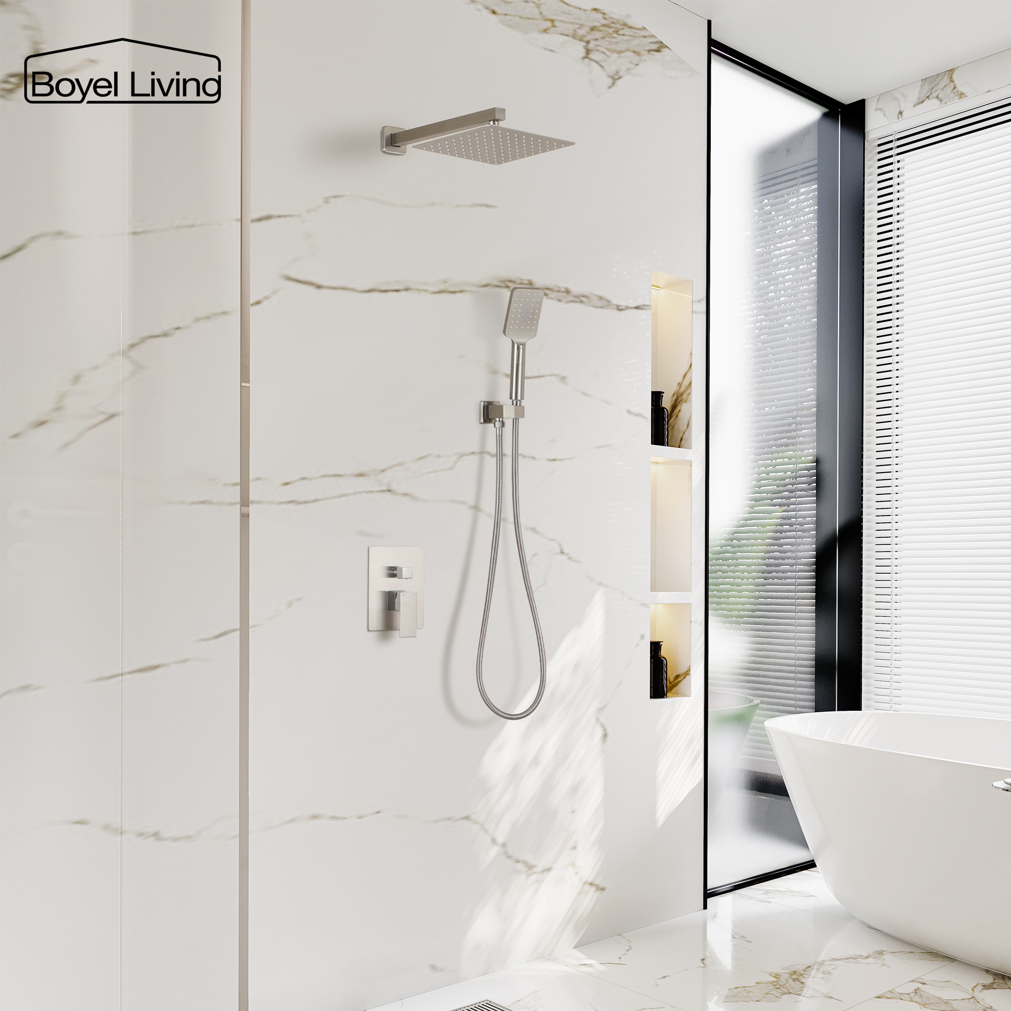 Boyel Living 10 in. 2.5 GPM Wall Mount Rain Dual Shower Heads Shower System in Brushed Nickel/Matte Black-Boyel Living