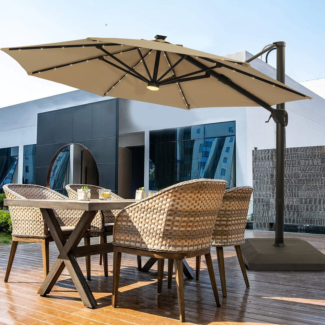 11Ft Solar Tube Light-Emitting Diode Patio Round Umbrella Outdoor Market Hanging Aluminum Umbrella with Crank and Base-Boyel Living