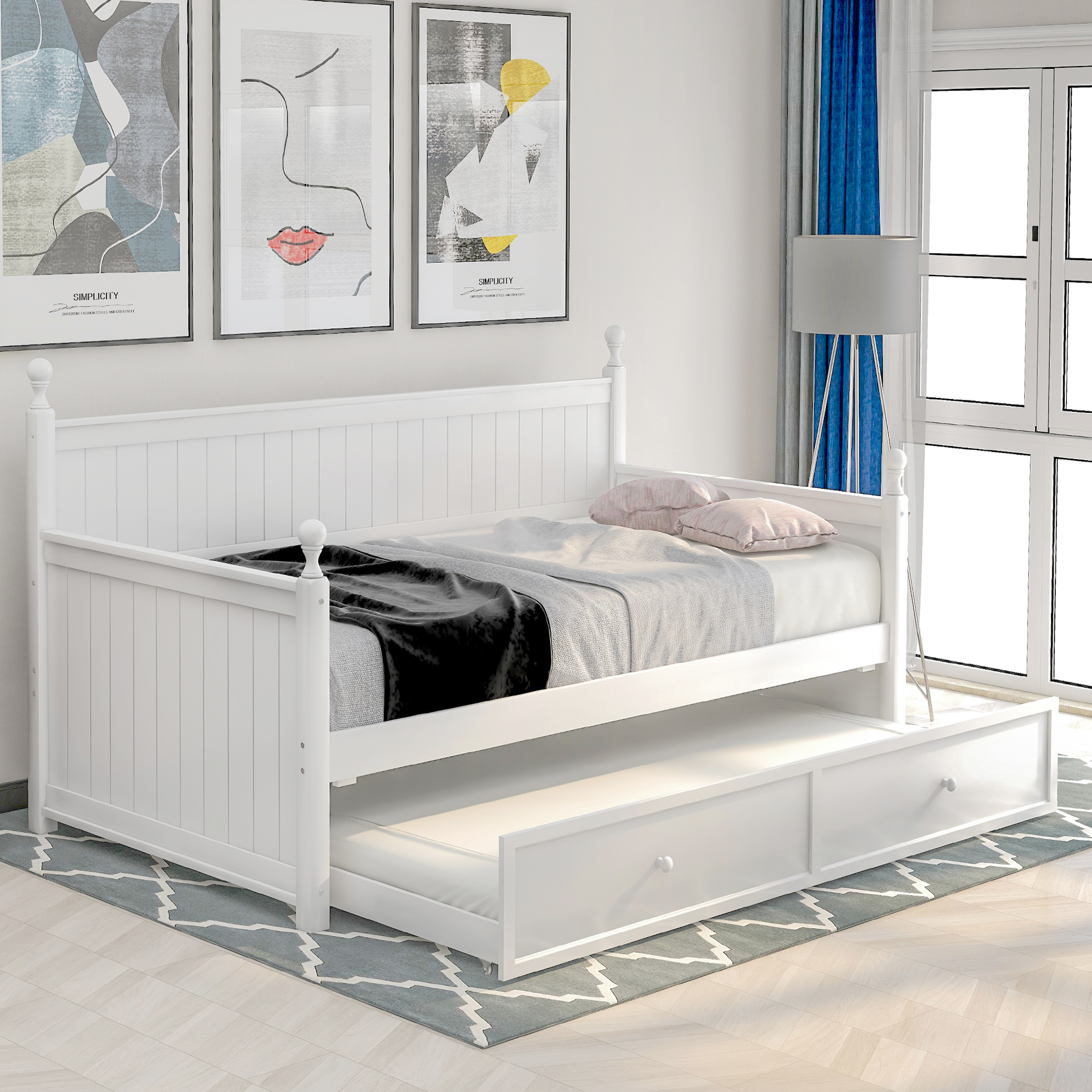 Twin Size Wood Daybed with Twin Size Trundle (White)-Boyel Living