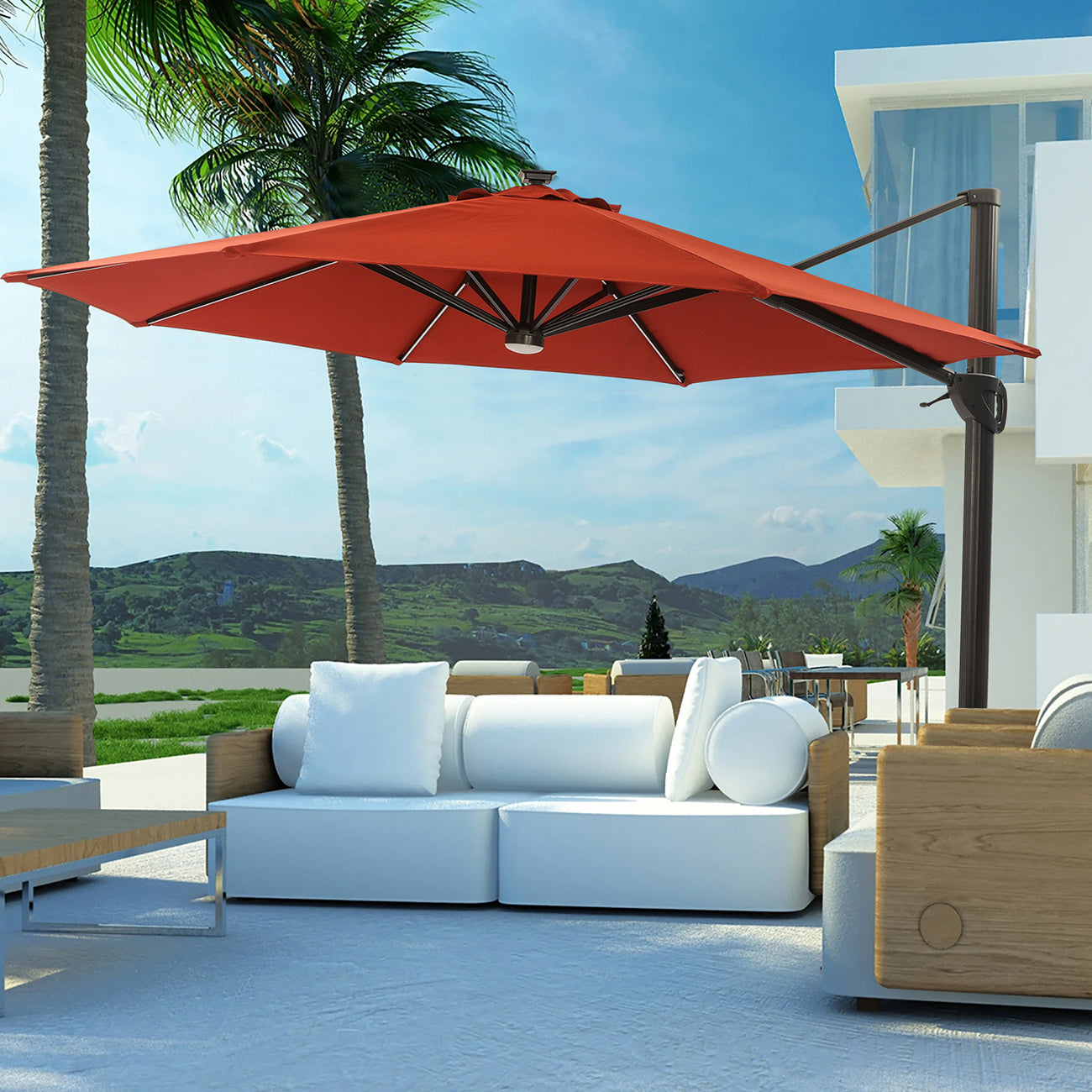 11Ft Solar Tube Light-Emitting Diode Patio Round Umbrella Outdoor Market Hanging Aluminum Umbrella with Crank and Base-Boyel Living