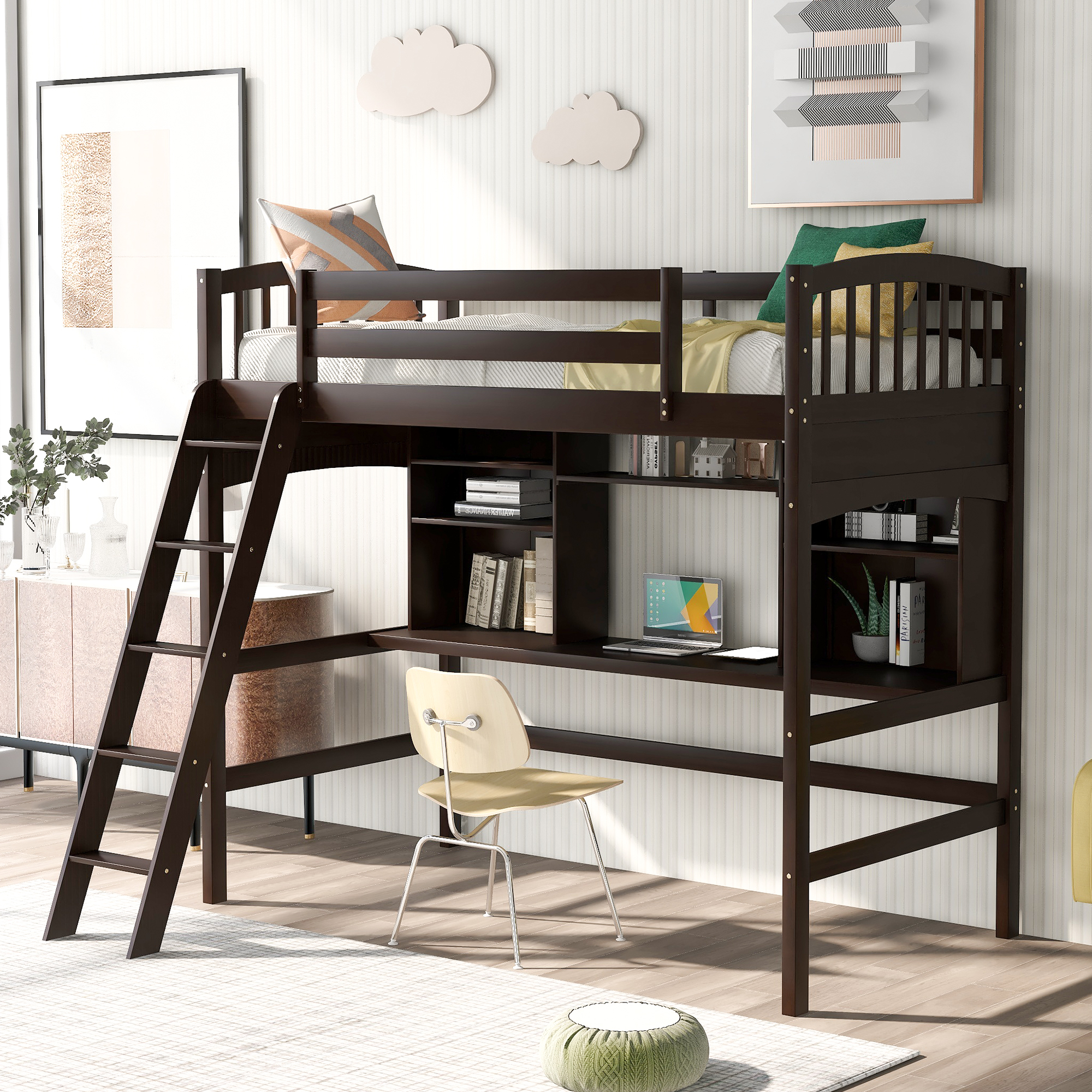 Twin size Loft Bed with Storage Shelves, Desk and Ladder, Espresso(OLD SKU :LP000140PAA)-Boyel Living