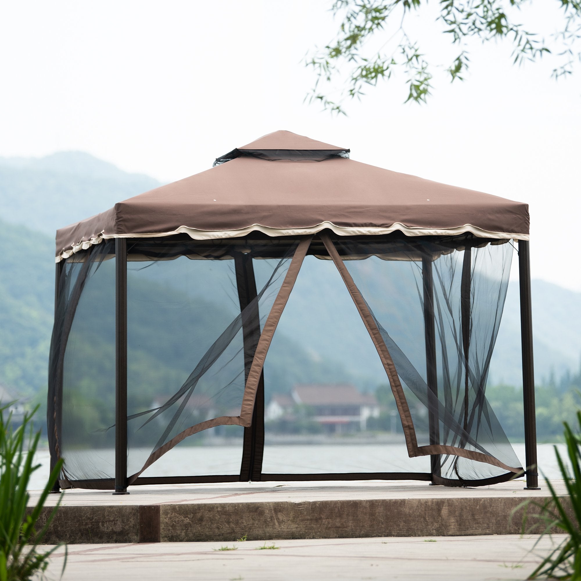 9.8Ft. Wx8.8Ft. H Outdoor Steel Vented Dome Top Patio Gazebo with Netting for Backyard, Poolside and Deck, Brown-Boyel Living