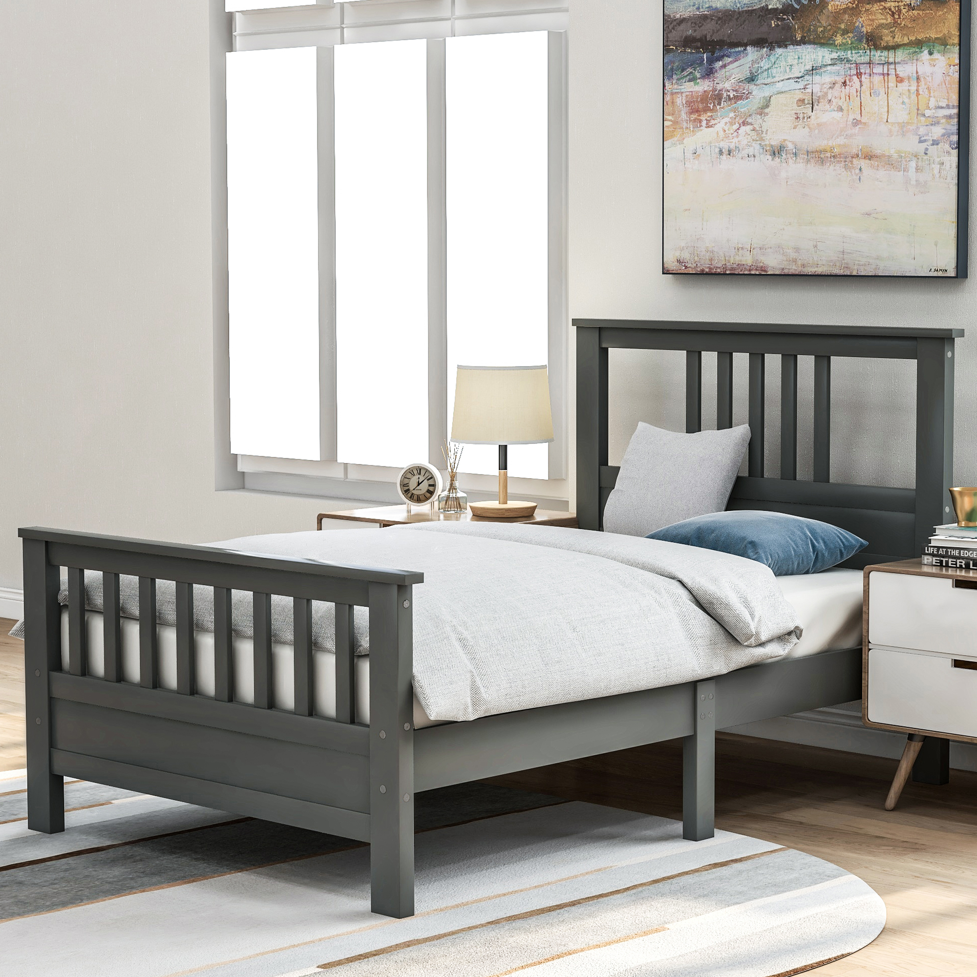 Wood Platform Bed with Headboard and Footboard, Twin (Gray)-Boyel Living