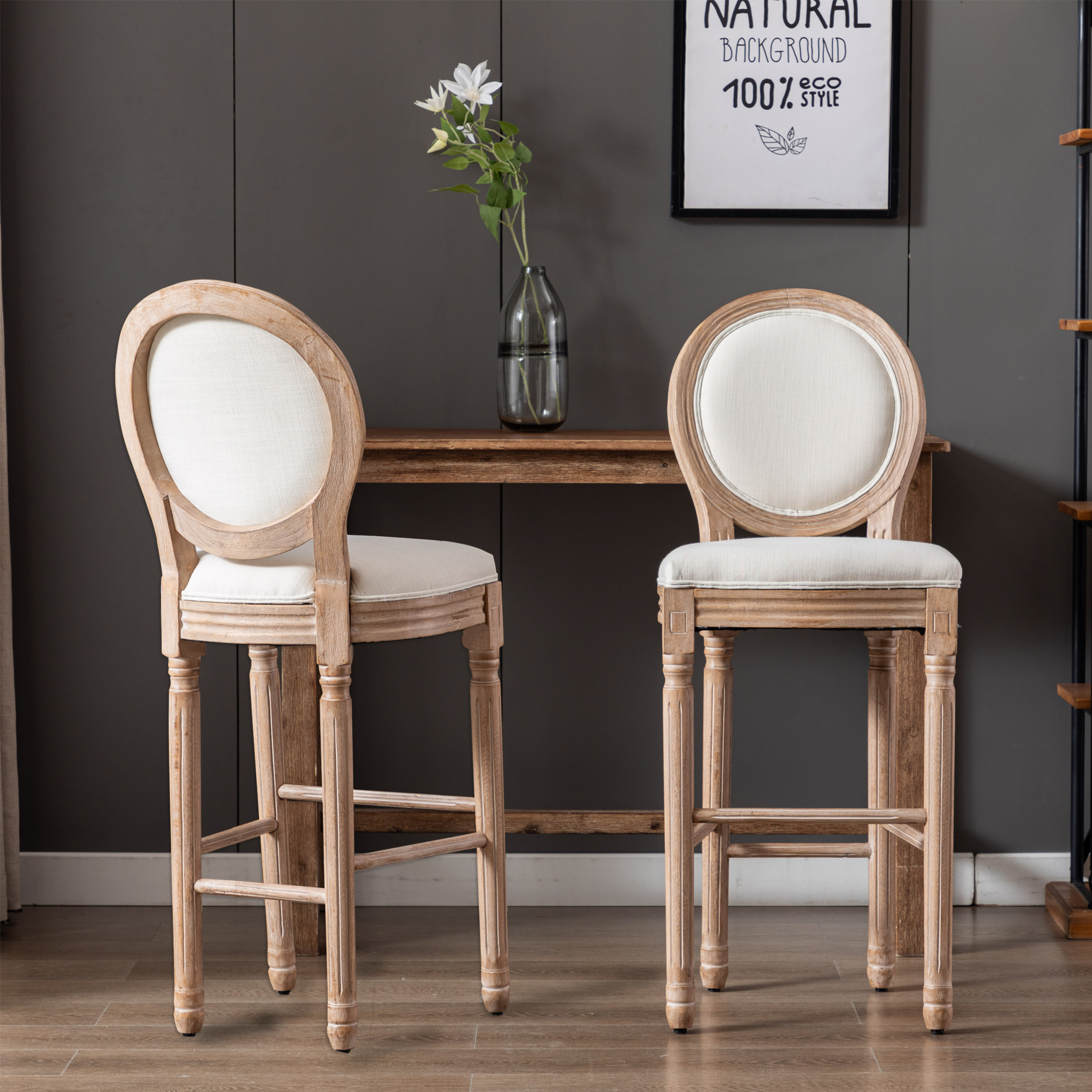 Hengming French Country Wooden Barstools  With Upholstered Seating , Beige and Natural ，Set of 2-Boyel Living