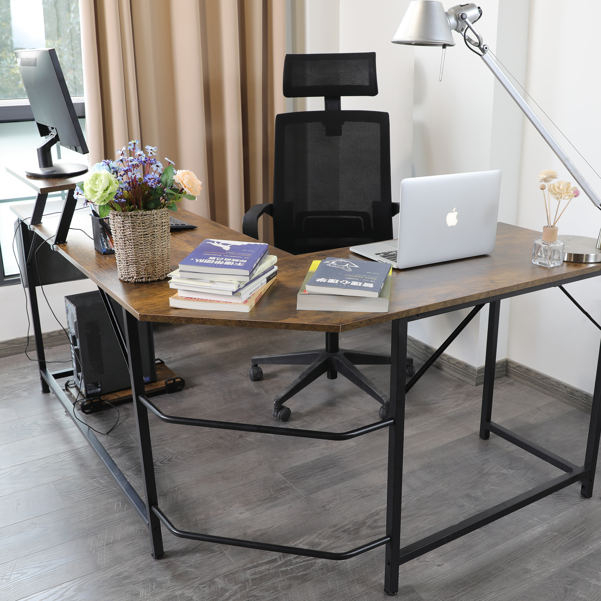 Industrial L-Shaped Desk, Corner Computer Desk PC Laptop Study Table Workstation for Home Office Wood  Metal, Rustic Brown-Boyel Living