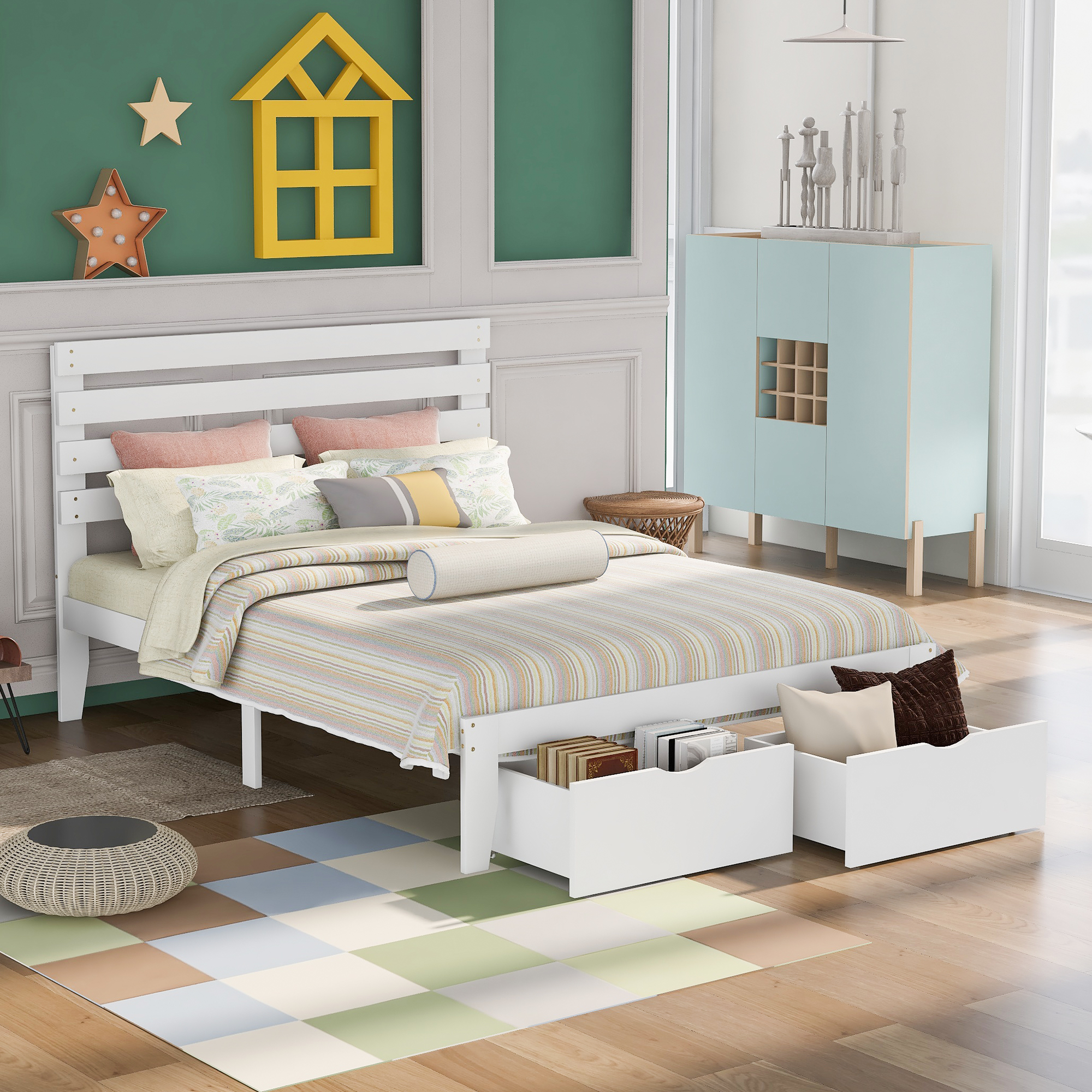 Full Size Platform Bed with Drawer, White(OLD SKU:WF197752AAK)-Boyel Living