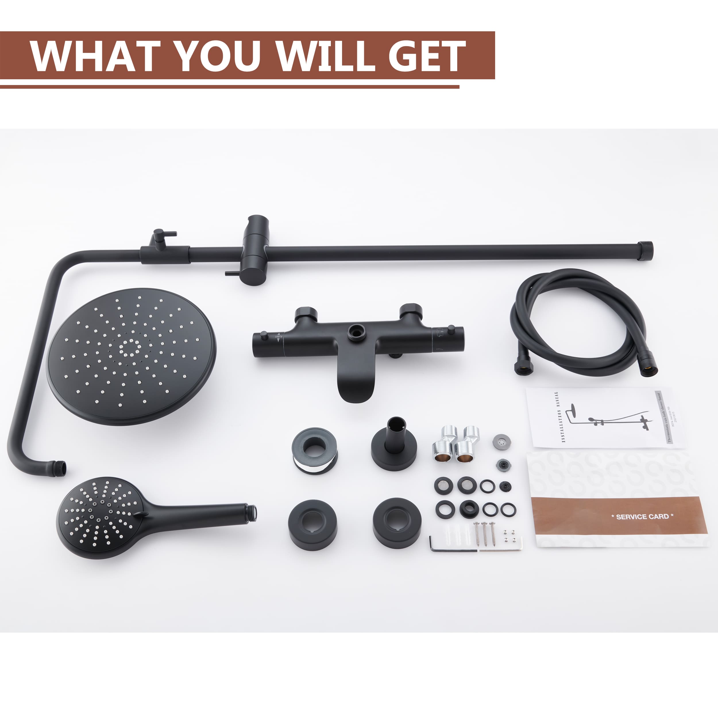 3 Function Wall Mount Round Thermostatic Rain Shower System with Tub Spout in Matte Black-Boyel Living