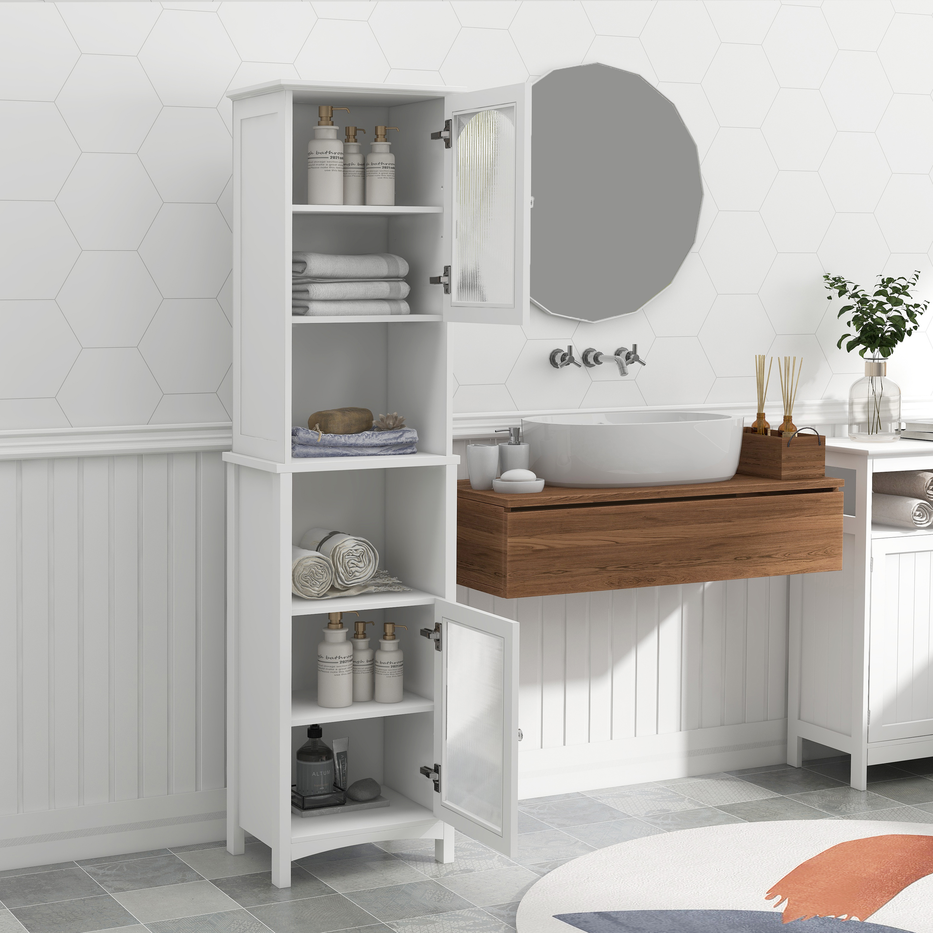 Narrow Tall Slim Floor Cabinet with 2 Glass Doors and Adjustable Shelves-Boyel Living