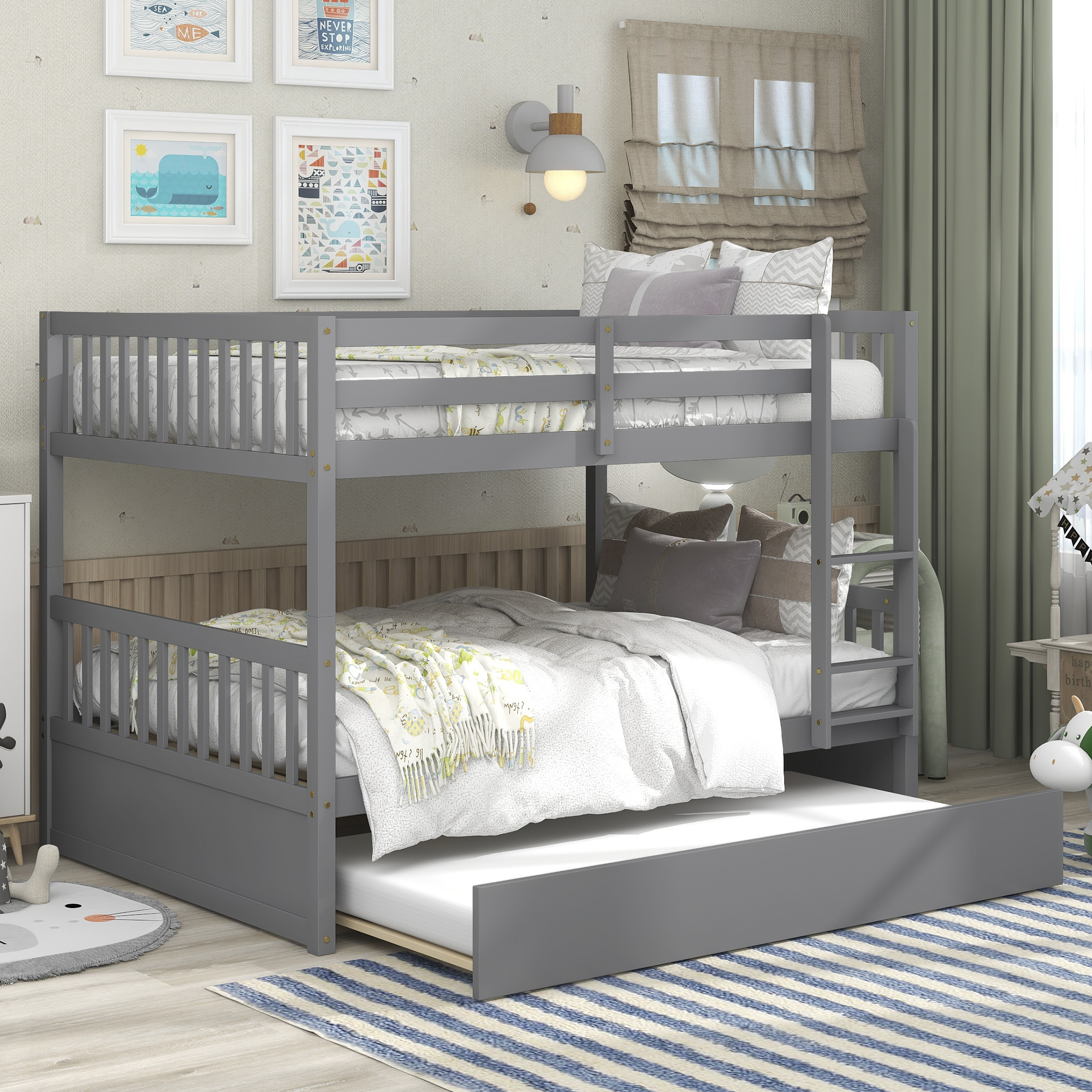 Full Over Full Bunk Bed with Trundle, Convertible to 2 Full Size Platform Bed, Full Size Bunk Bed with Ladder and Safety Rails for Kids, Teens, Adults,Grey-Boyel Living