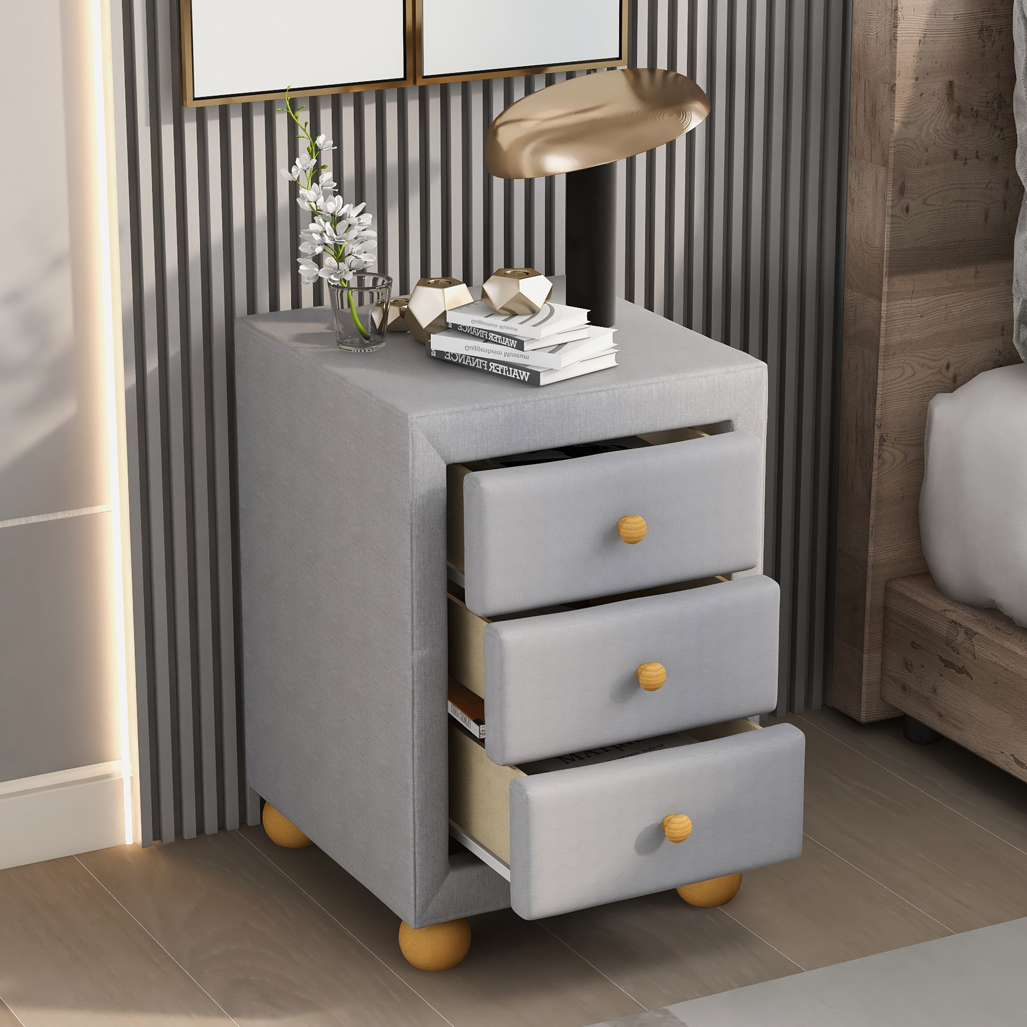 Modern Upholstered Storage Nightstand with 3 Drawers,Natural Wood Knobs,Light Gray-Boyel Living