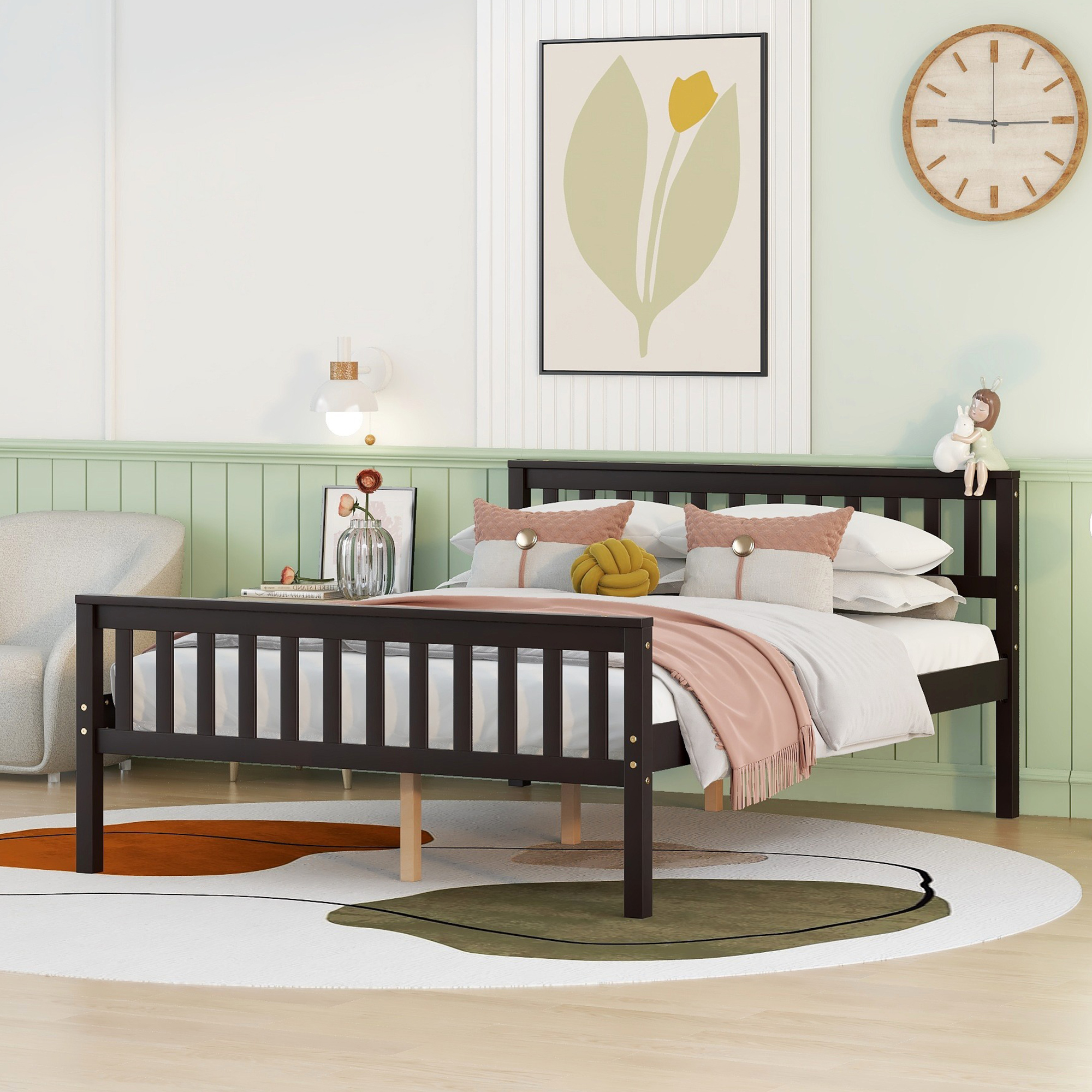 Full Size Wood Platform Bed with Headboard for Espresso color