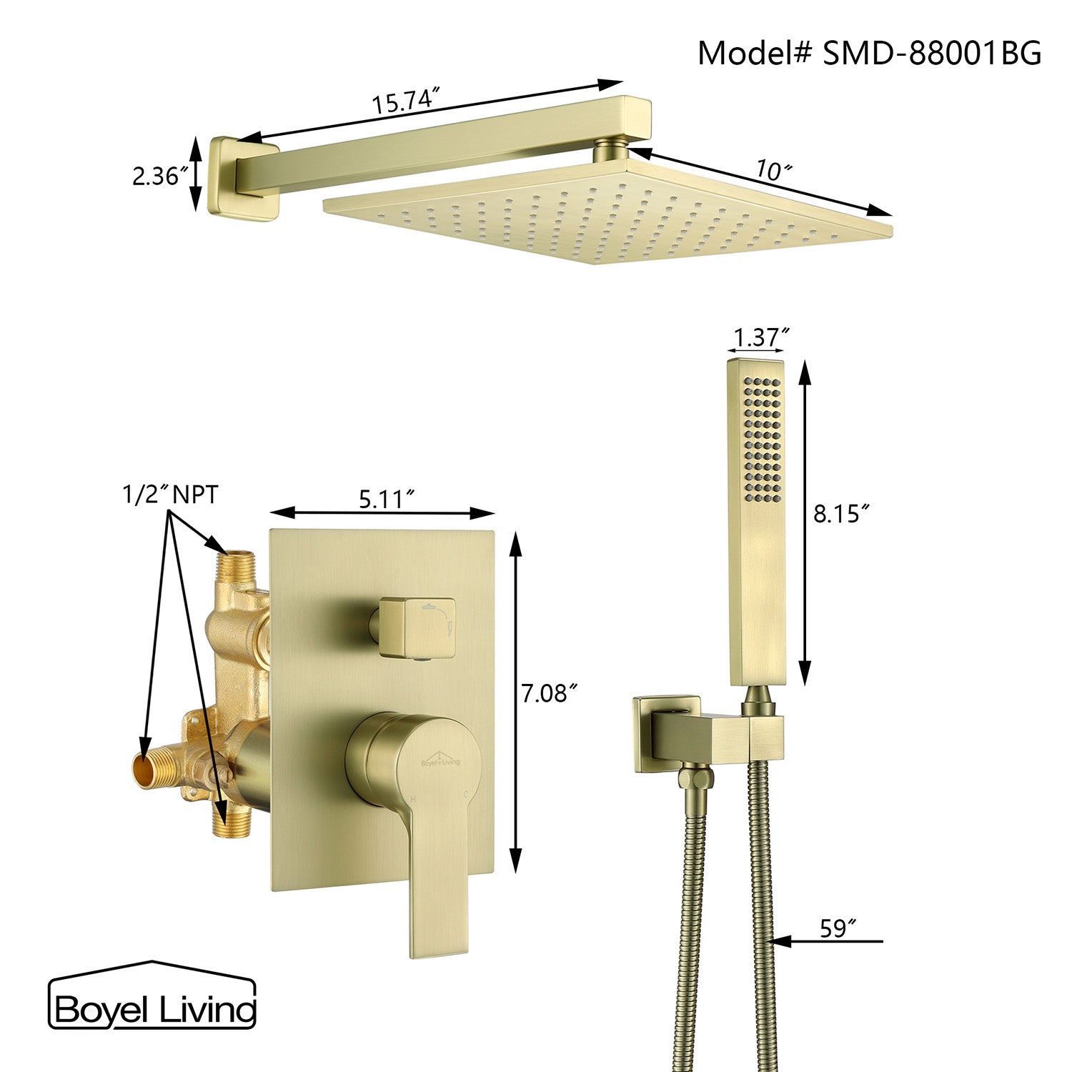 Boyel Living Wall Mounted 10 in. Rainfall Thick Shower Head System with Rough-In Valve Body and Trim in Brushed Gold-Boyel Living