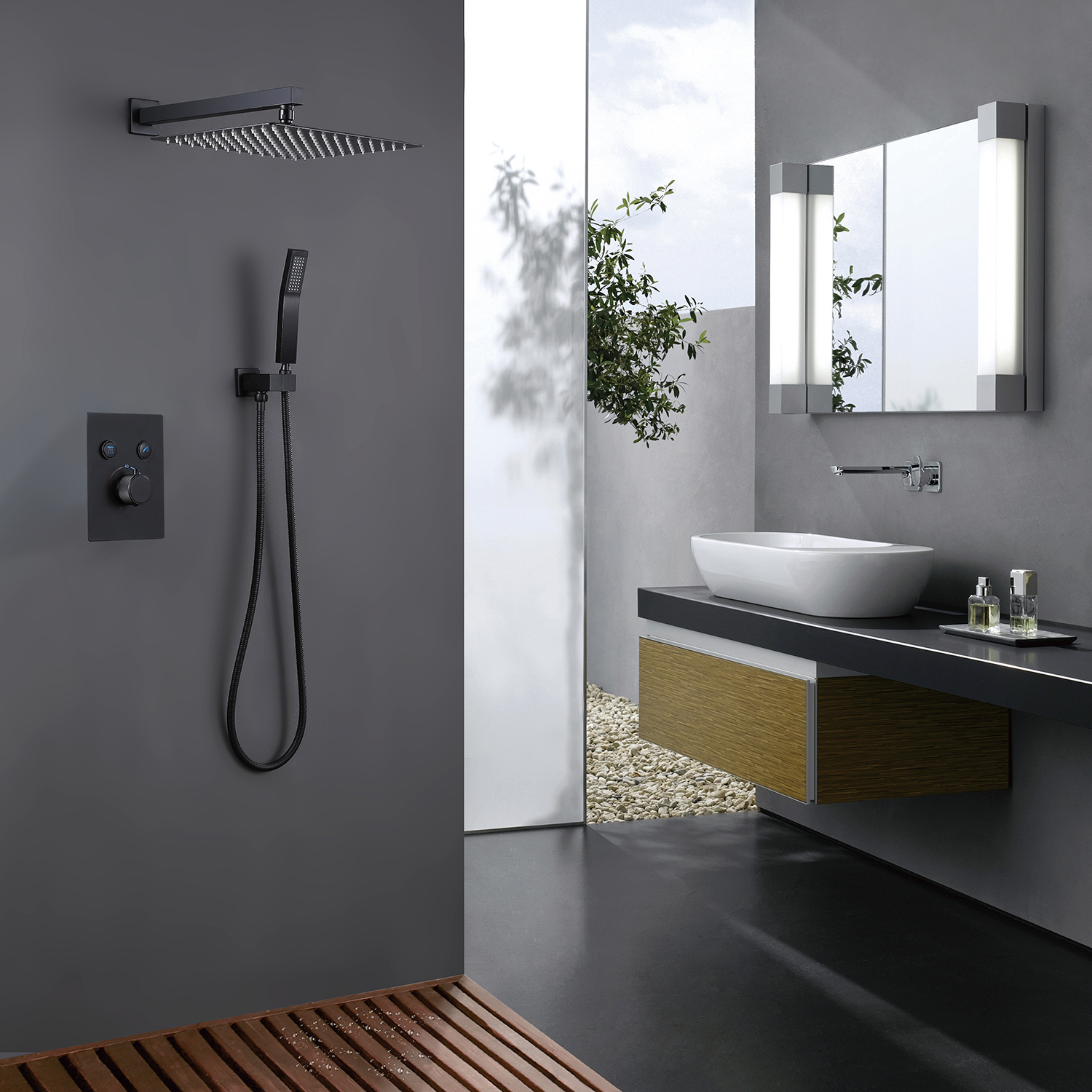 Thermostatic 12 in. Wall Mount Dual Shower Heads Shower System with Handheld in Matte Black-Boyel Living