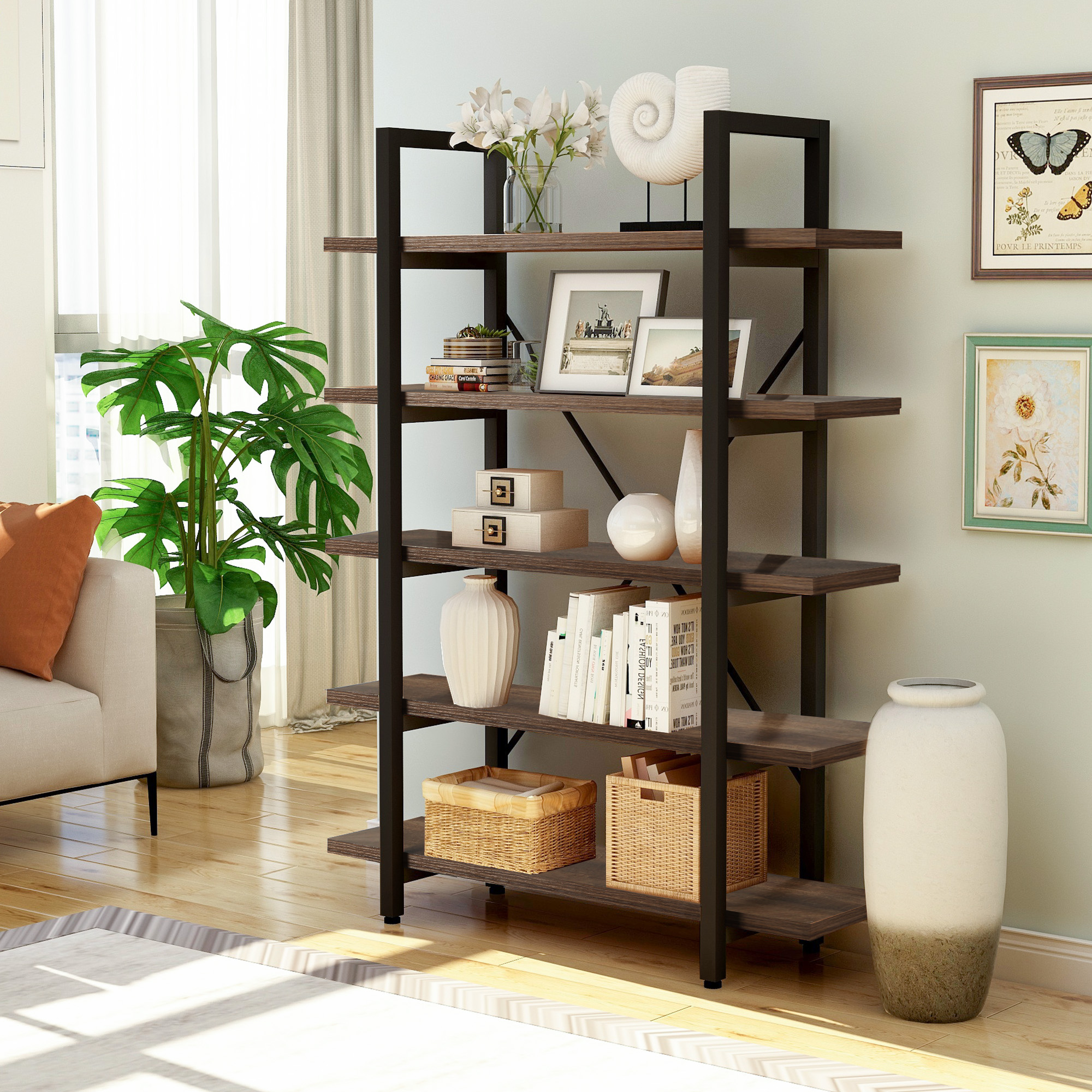 5-tier Industrial Bookcase with Rustic Wood and Metal Frame, Large Open Bookshelf for Living Room-Boyel Living