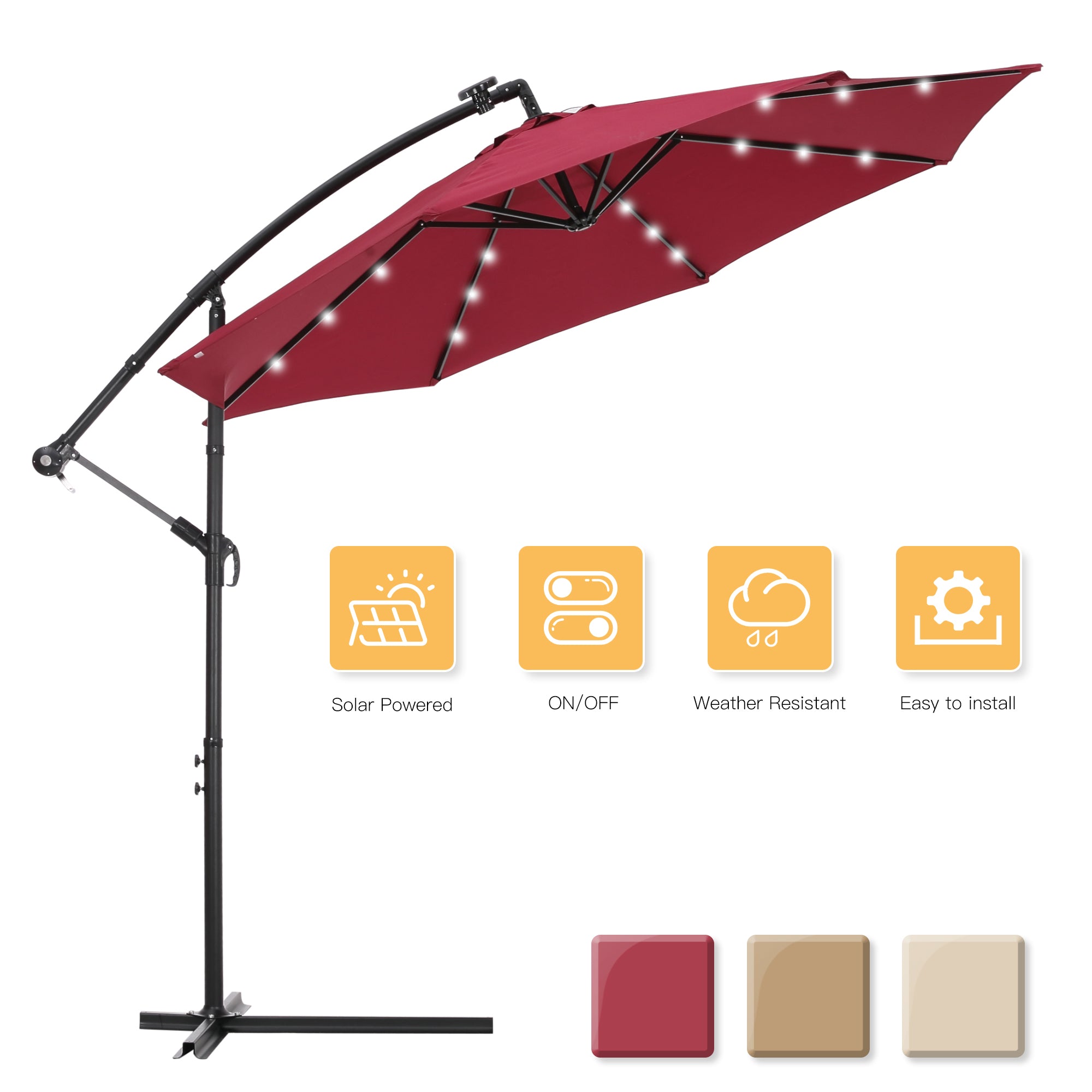 10 FT Solar LED Patio Outdoor Umbrella Hanging Cantilever Umbrella Offset Umbrella Easy Open Adustment with 24 LED Lights - Burgundy-Boyel Living