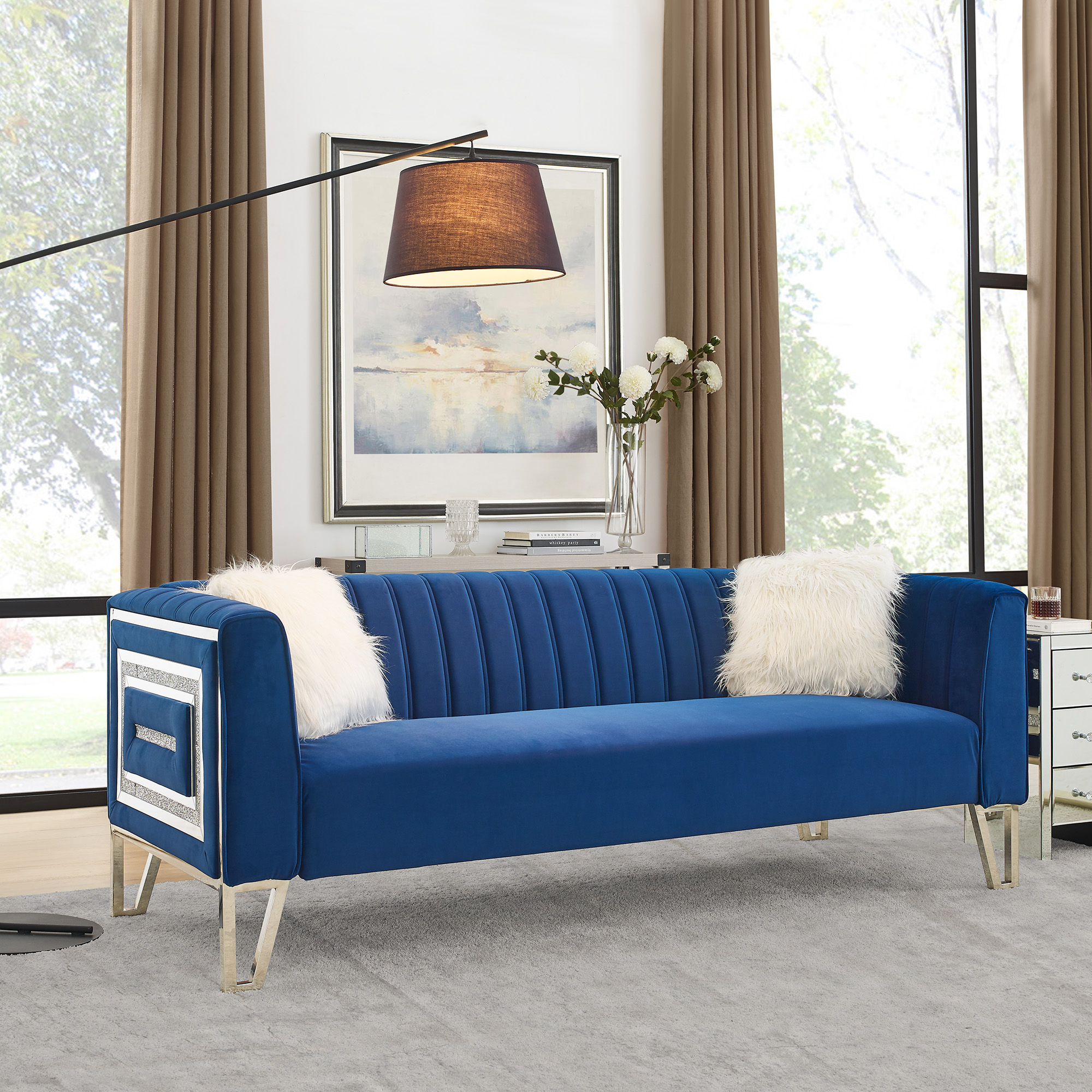 3-Seater Sofa with Mirrored Side Trim with Faux Diamonds and Stainless Steel Legs, Two White Villose Pillow, Blue (80&rdquo;Lx32.75&rdquo;Wx29.5&rdquo;H)