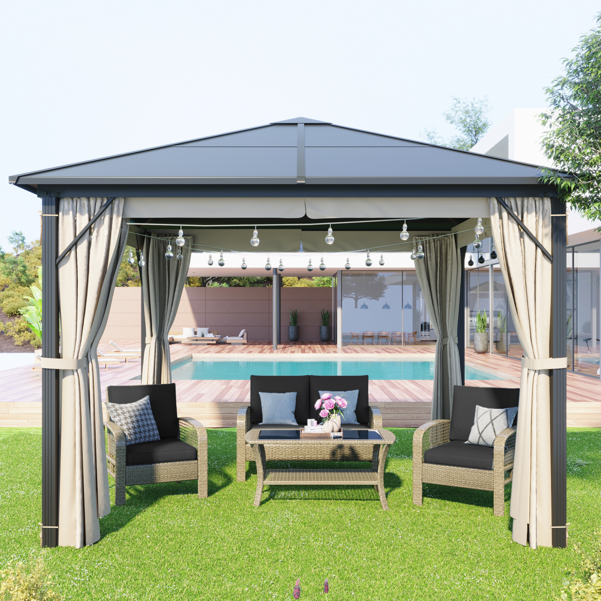 9.8 Ft. W x 9.8 Ft. D  Aluminum Paito Gazebo with Polycarbonate Roof-Boyel Living