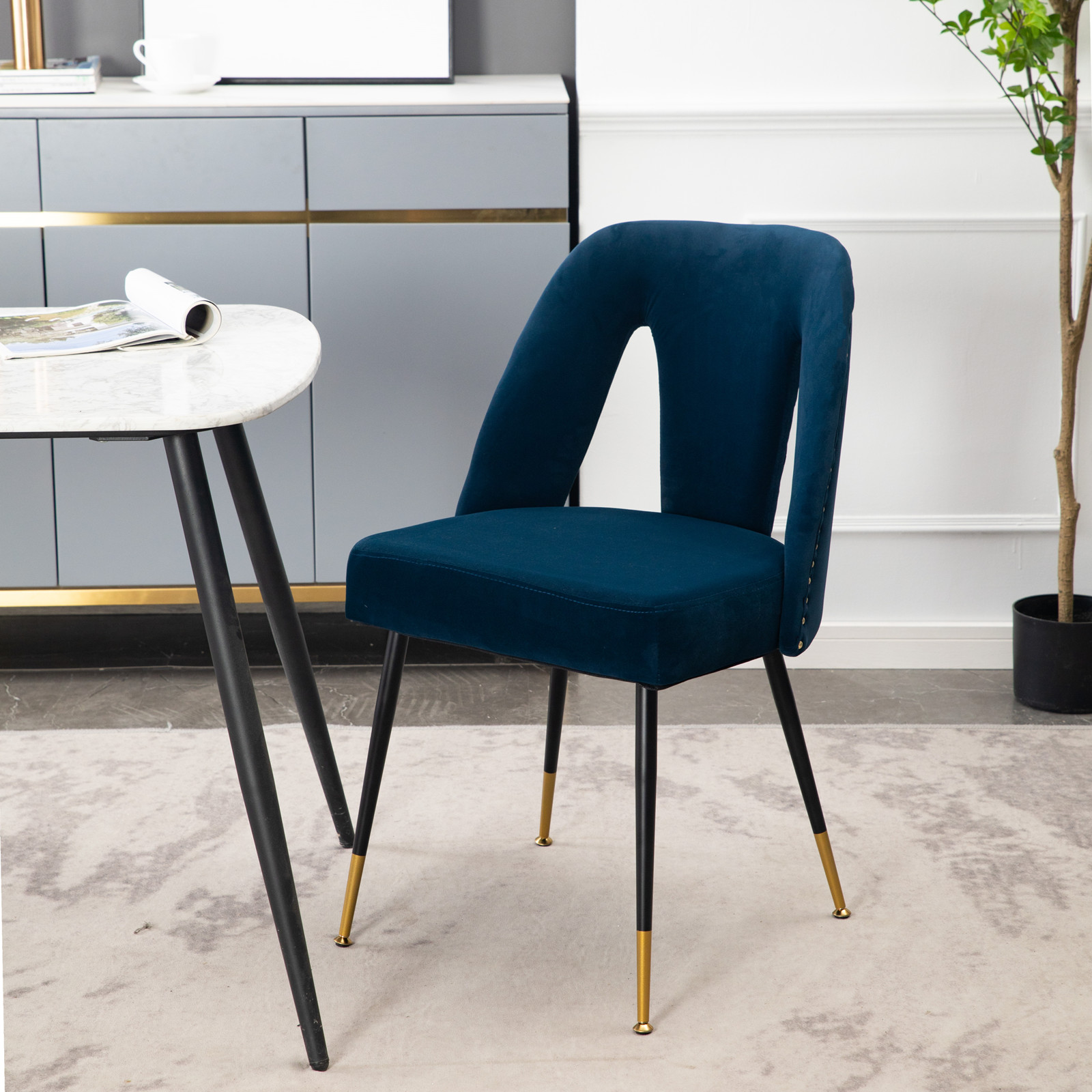 AA Furniture,Akoya Collection Modern | Contemporary Velvet Upholstered Dining Chair with Nailheads and Gold Tipped Black Metal Legs,Blue-Boyel Living