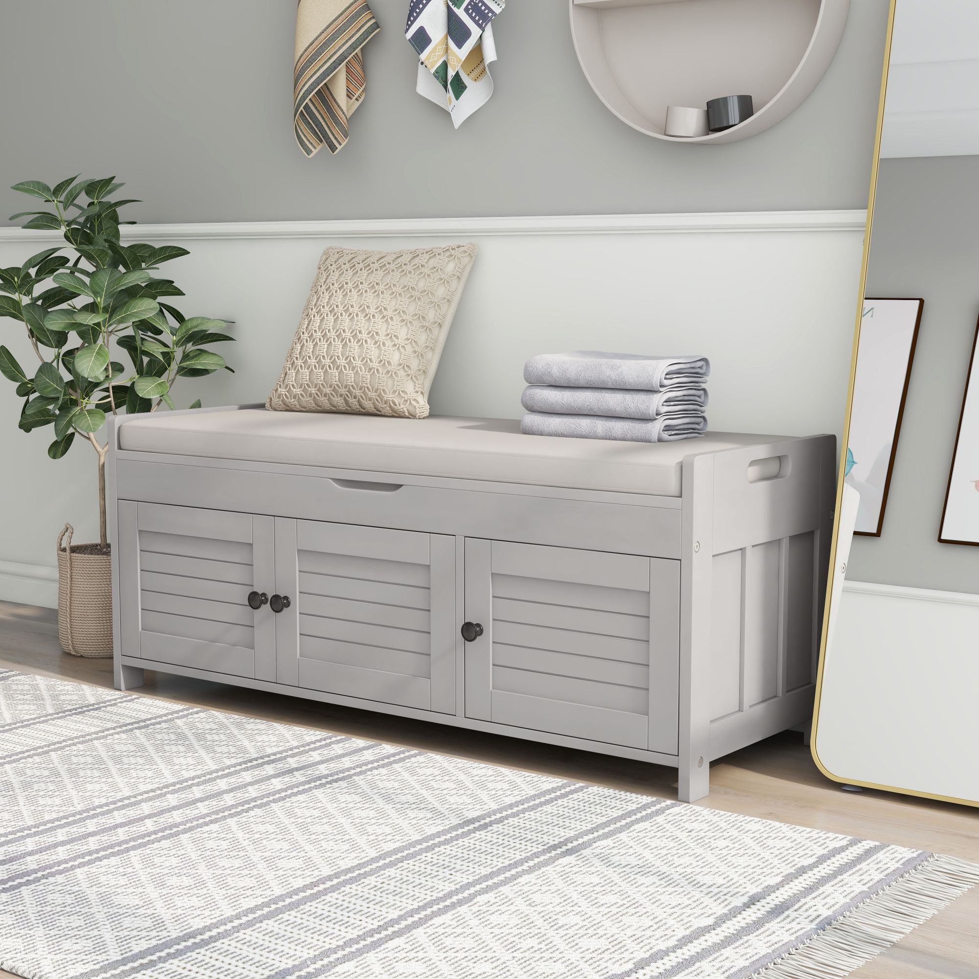 Storage Bench with 3 Shutter-shaped Doors,  Shoe Bench with Removable Cushion and Hidden Storage Space (Gray Wash)-Boyel Living