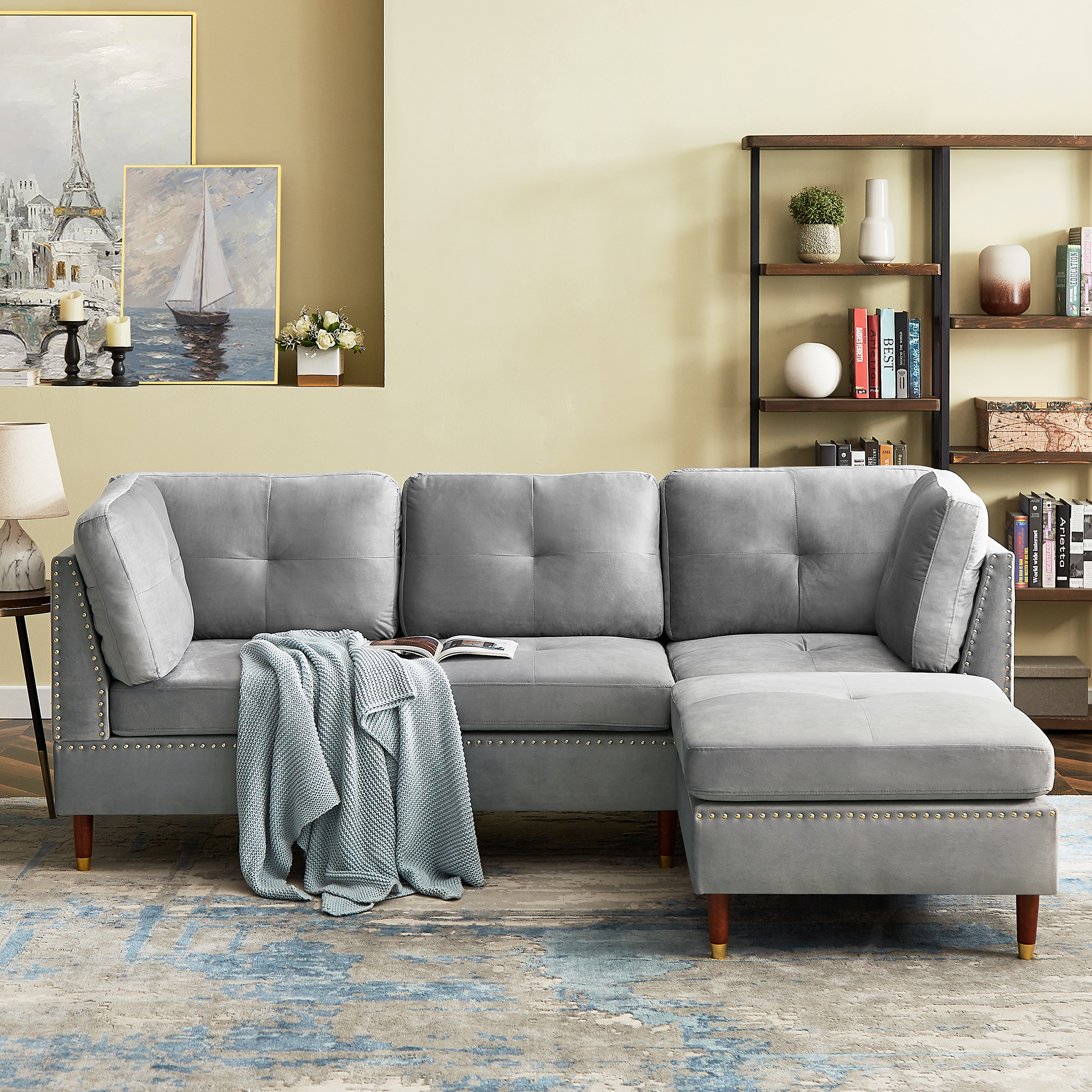 Sectional Sofa Couch with Ottoman, Modern L-Shaped Couch with Nail Head for Apartment and Living Room.-Boyel Living