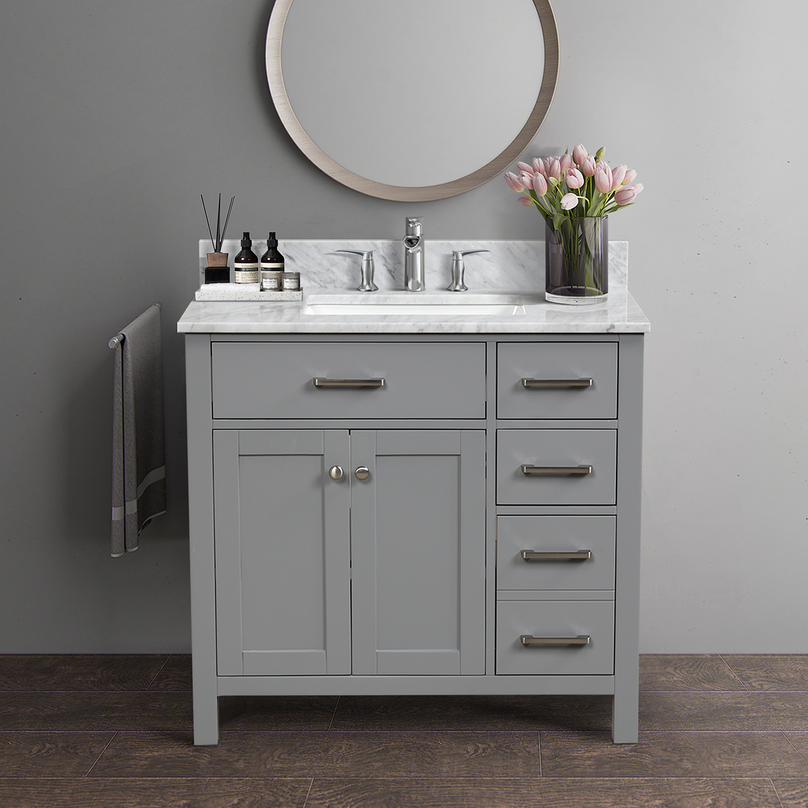 36&rdquo; Single Solid Wood Bathroom Vanity Set, with Drawers, Carrara White Marble Top, 3 Faucet Hole-Boyel Living