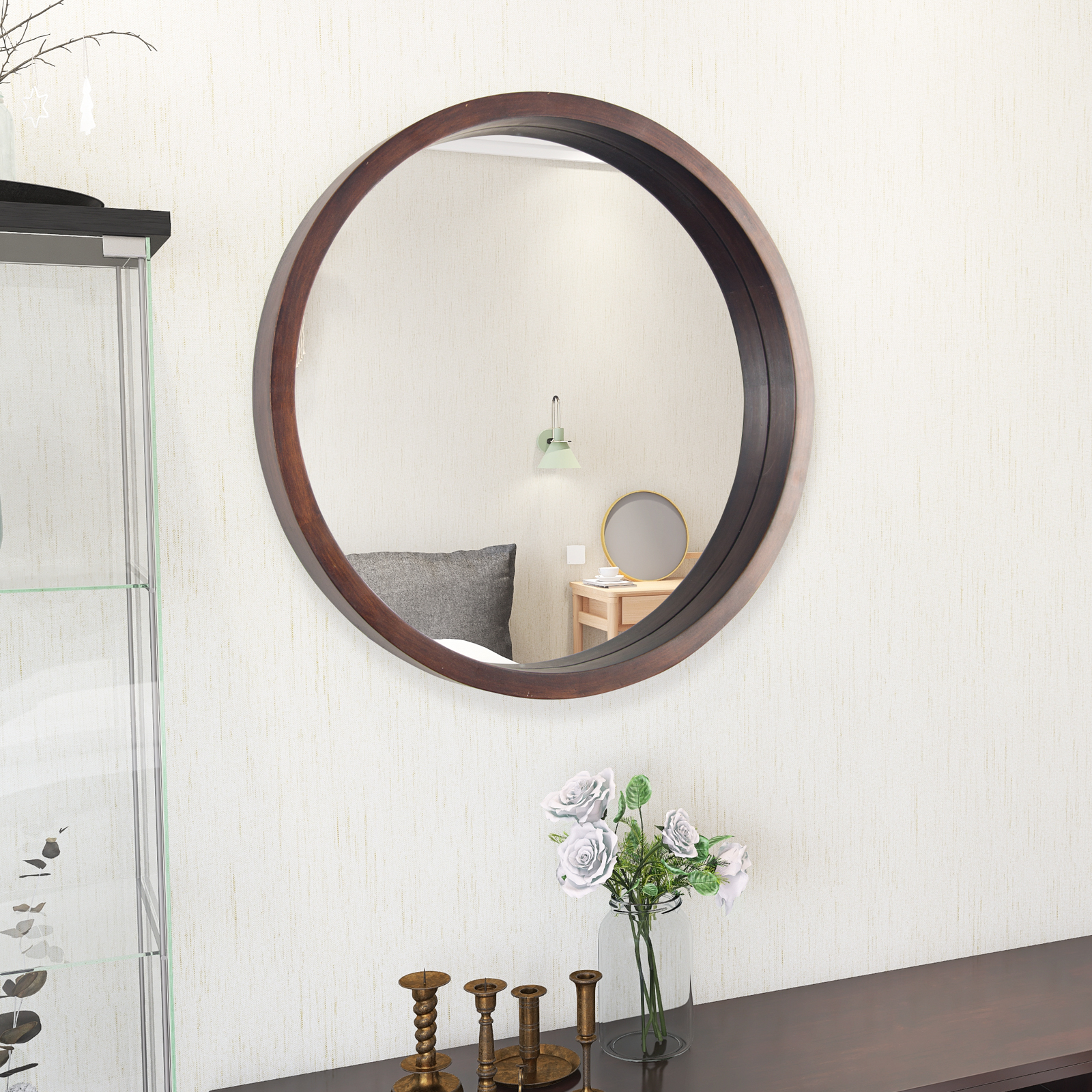 Circle Mirror with Wood Frame, Round Modern Decoration Large Mirror for Bathroom Living Room Bedroom Entryway, Walnut Brown, 30in-Boyel Living
