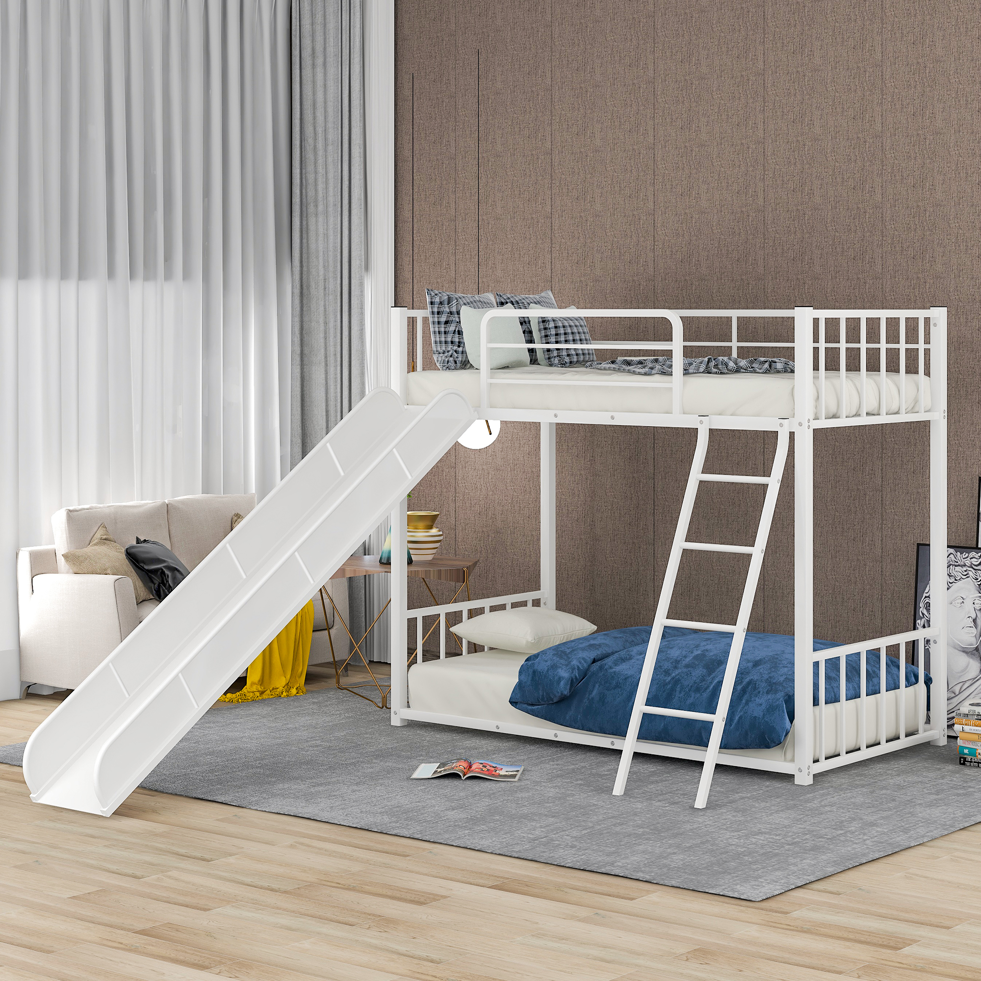 Metal Bunk Bed with Slide, Twin over Twin, White-Boyel Living
