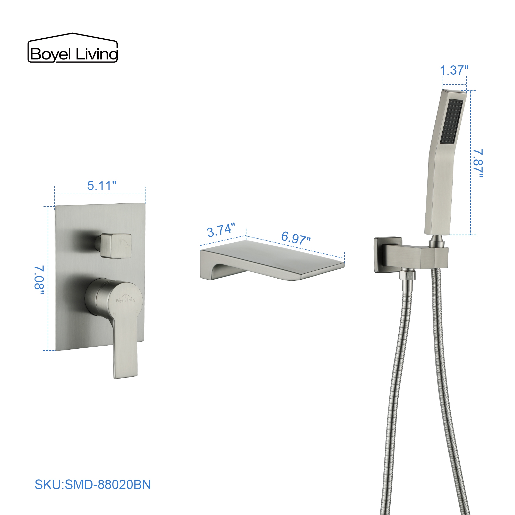 Single-Handle Wall Mounted Roman Bathtub Faucet with Hand Shower-Boyel Living