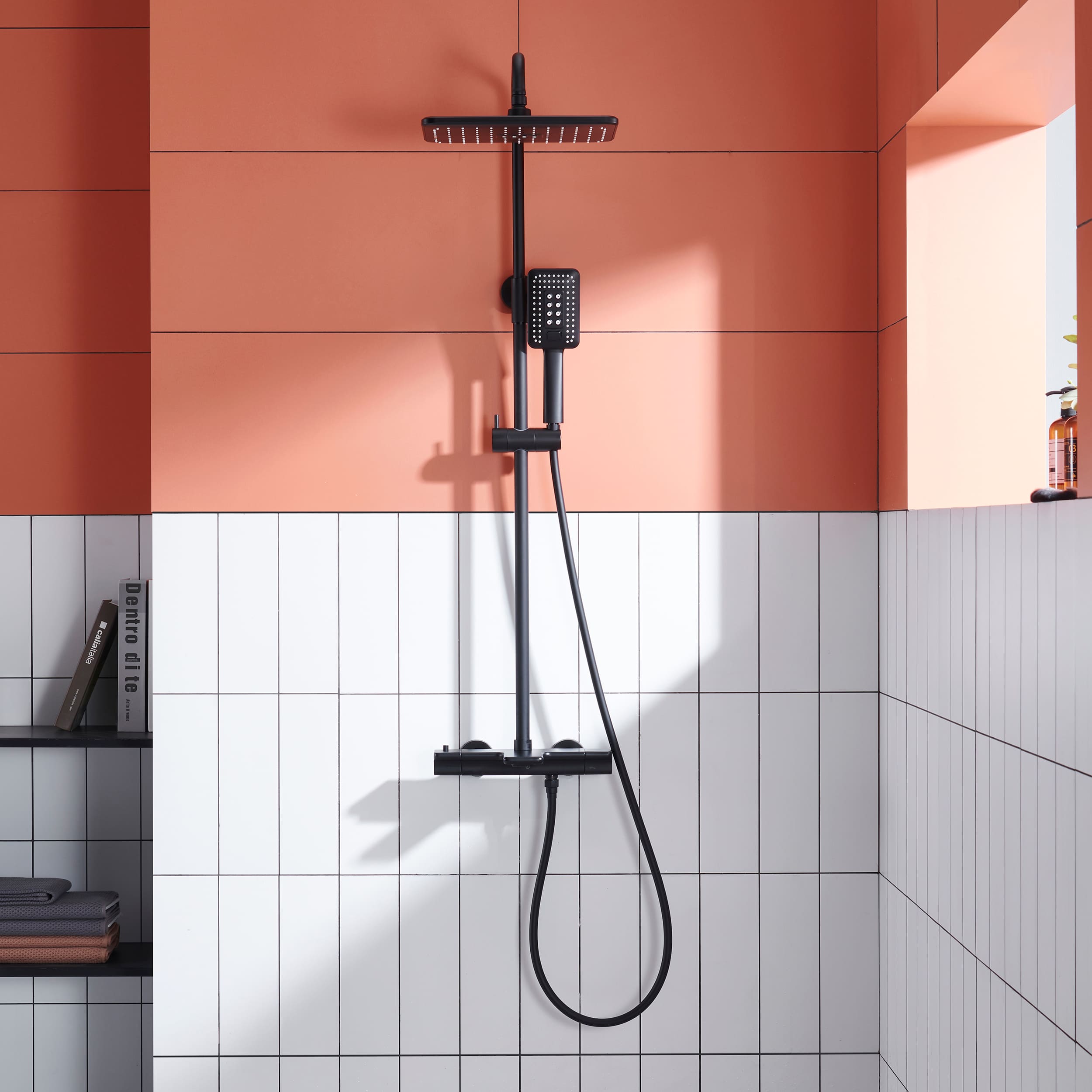 Wall Mount Thermostatic Rain Shower System with Handheld Shower and Tub Spout in Matte Black-Boyel Living