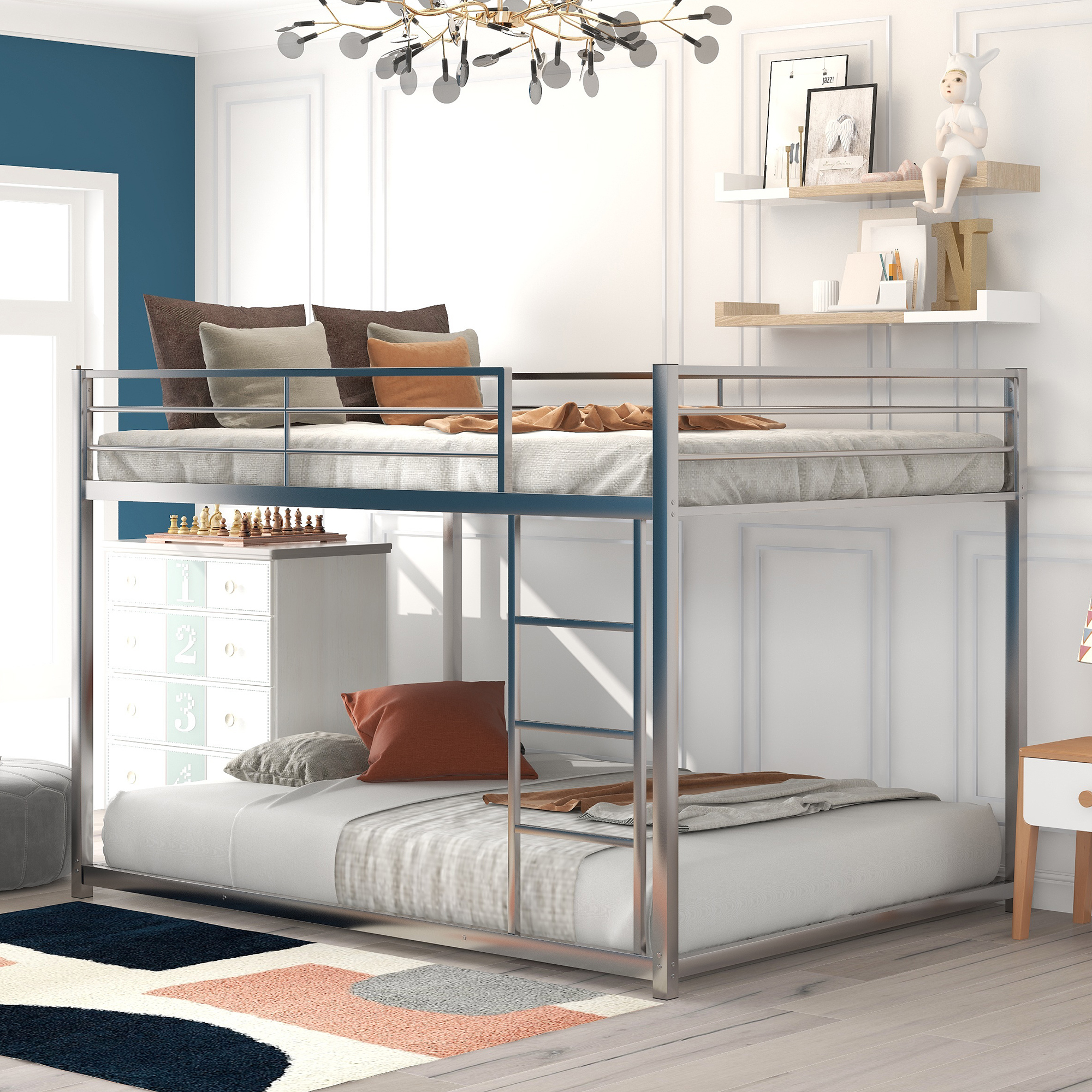 Full over Full Metal Bunk Bed with Ladder and Full-length Guardrail,Silver(old SKU:MF197034AAN)-Boyel Living