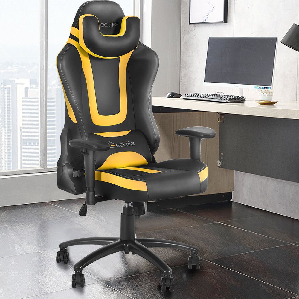 Massage Gaming Chair with Silent Rubber Casters-Yellow-Boyel Living